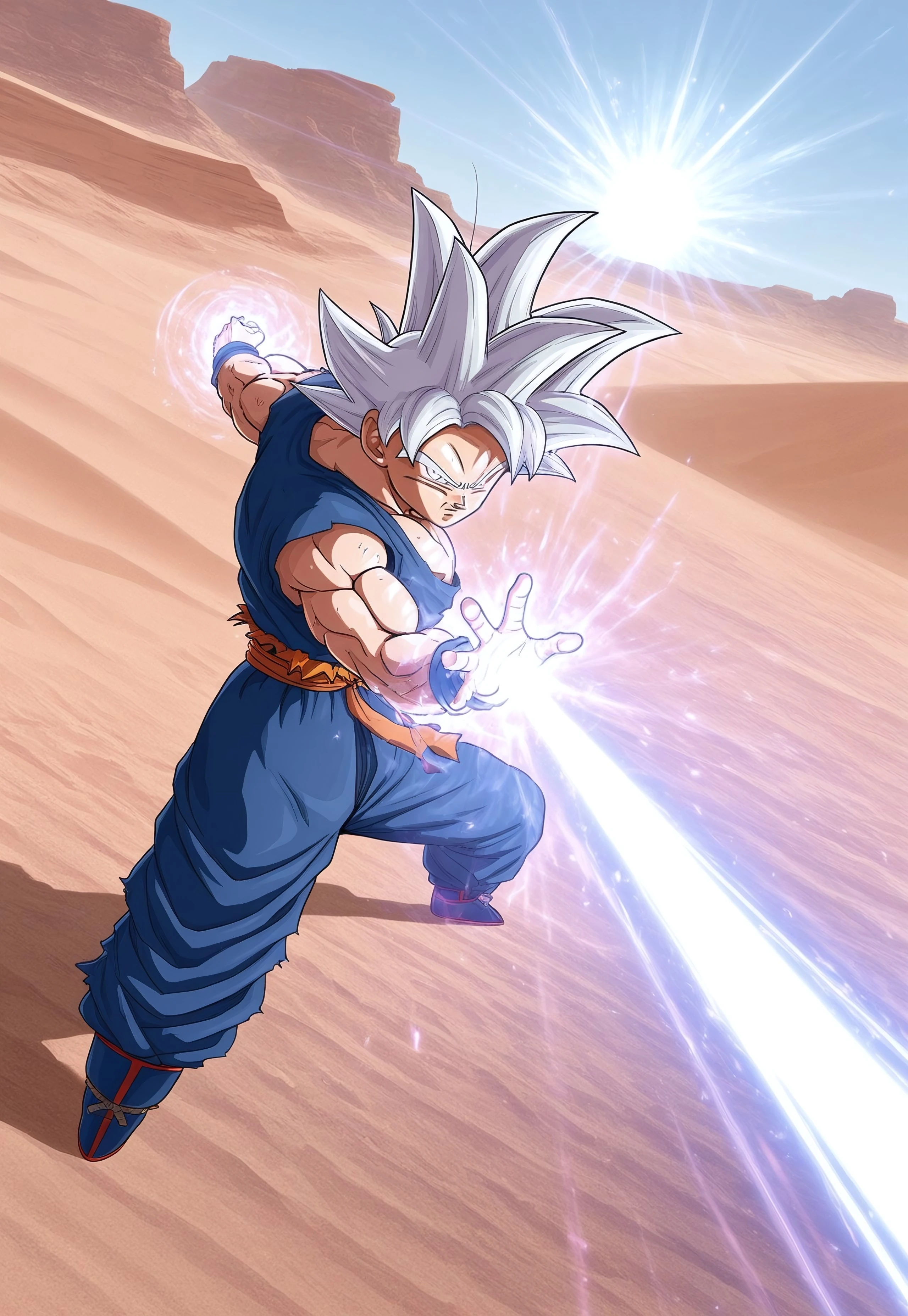 (((ultra detailed, masterpiece, high quality, )))
, 
((( Magbeamb2, casting energy beam, focused magic blast,magical light ray, glowing energy burst, directional magic, beam of light,)))
,
((( 1boy, solo, fighting stance)))
,
((( goku,silver hair,spiked hair,silver eyes,muscular male ))
,
((( outdoors,  desert )))
,
((( ,)))

((( )))