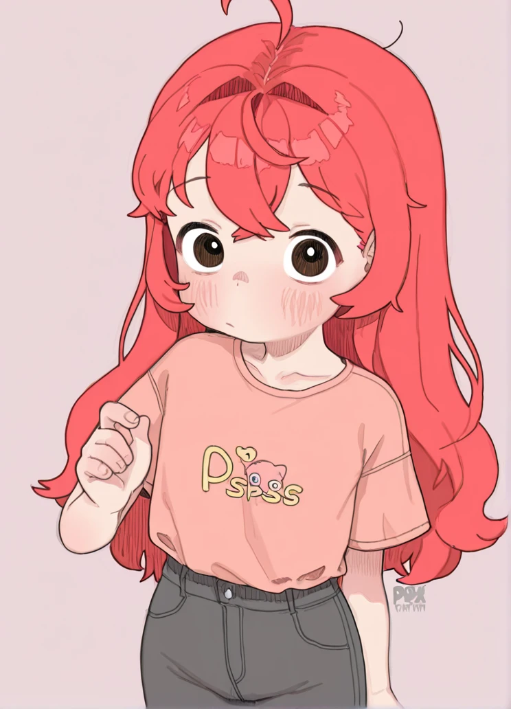 masterpiece, best quality, <lora:pssmmill:1>pssmm style, by pssmm, pssmm ,1girl, solo, red hair , looking at viewer, shirt ,pants ,simple background,