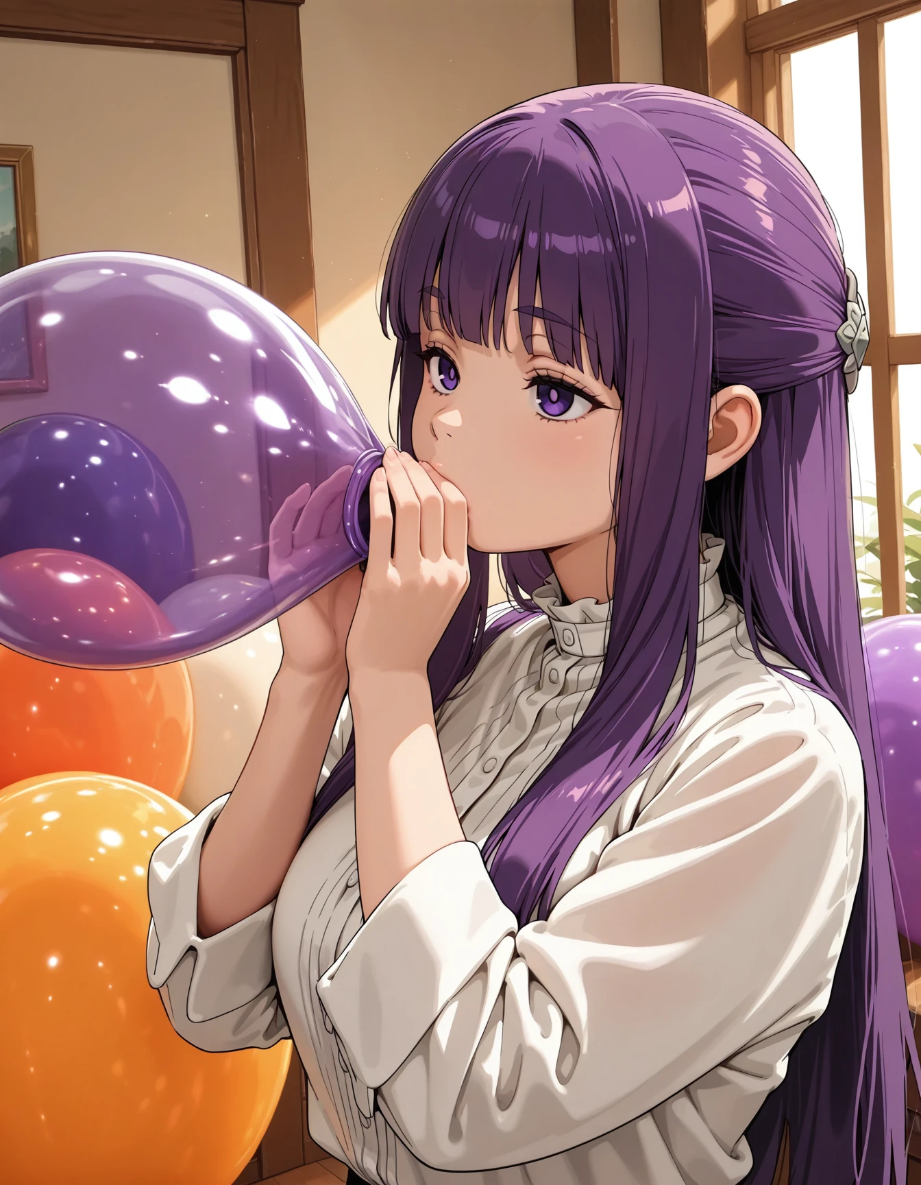 masterpiece,best quality,amazing quality,very aesthetic,high resolution,ultra detailed,perfect details,
1girl,solo,<lora:mai_balloon_blowing:1>,mai_balloon_blowing,balloon_blowing,purple balloon, 
sousou_no_frieren,fern (sousou no frieren),sousou no frieren,