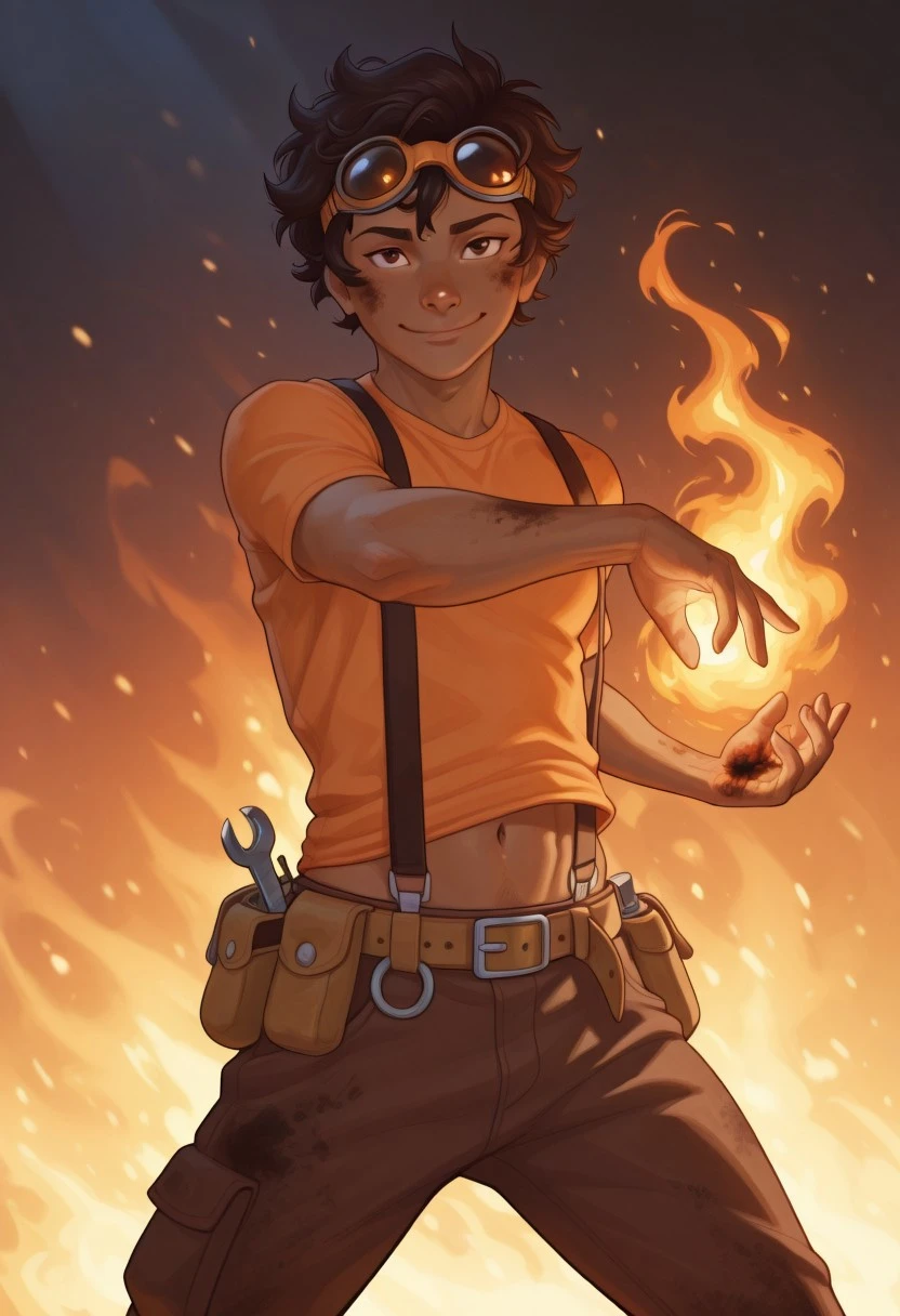 (masterpiece), (best quality:1.4), absurdres, [:intricate details:0.2], hyperrealistic, photography, kkw-ph1, 1 man, young, 18-year-old, (elven:0.7) portgas d. ace, freckles, hat, topless male, shorts, belt, jewelry, necklace, brown hair flaps, (style-swirlmagic:1.0), looking down, solo, (full body:0.6), detailed background, detailed face, (V0id3nergy, void theme:1.1)  sinister smirk, red color scheme, dark purple light, library, glowing magical runes, dark atmosphere, shadows, realistic lighting, floating particles, embers, surrounded by fire, summoning, red arcane symbols, power-hungry eyes,