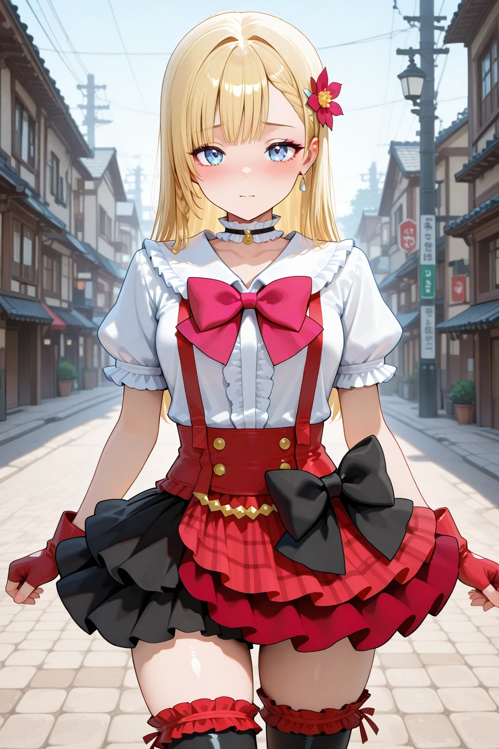 masterpiece, best quality, amazing quality, 1girl, solo, makeup, general, cowboy shot, looking at viewer, blush, dramatic angle, shy, humiliation, outdoors, street, <lora:RFGoA_Clar:1>, RFGoA_Clar, long hair, blue eyes, blonde hair, braid, blunt bangs, breasts, makeup, eyeshadow, hair flower, <lora:BokuIma_costumeV1.1_illustrious:0.8>, nico_stagecostume, collared shirt, fingerless gloves, choker, layered skirt, suspender skirt, half-skirt, black side bow, chest bow, frilled thighhighs, simple black boots, <lora:wai-A3-V140:1>, <lora:illustrious_noobai_epsilon_pred_1_masterpieces_v1:1>
