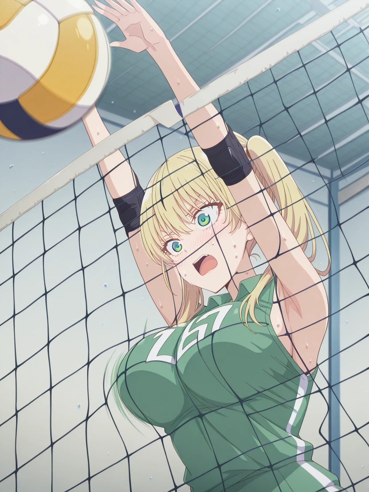 masterpiece, best quality, amazing quality,, <lora:rika-hoshizaki-s2-illustriousxl-lora-nochekaiser:1>, rika hoshizaki, green eyes, blonde hair, twintails, mature female, breasts, anime screencap, <lora:volleyball-block-illustriousxl-lora-nochekaiser:1>, volleyball block, solo, blush, open mouth, sweat, armpits, arms up, ball, volleyball, volleyball (object), volleyball net, motion blur, indoors, elbow sleeve, volleyball uniform, shorts, shirt, sleeveless, elbow pads, knee pads, , ,