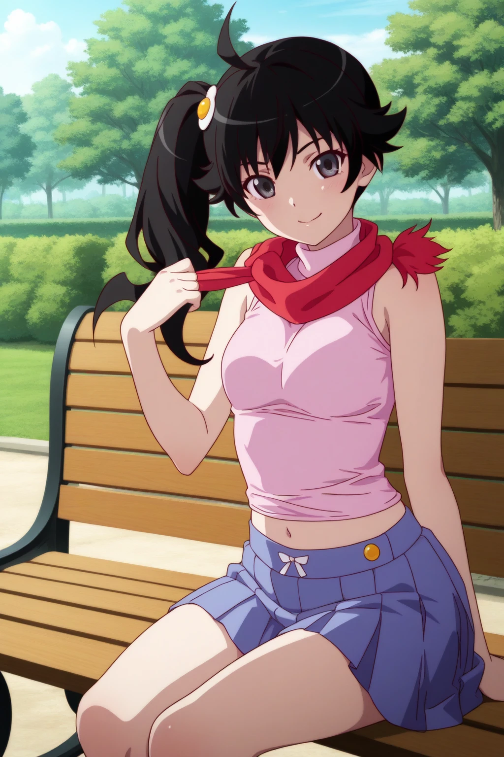 very awa, (vivid colors), detailed eyes, shining eyes, masterpiece, best quality, ultra-detailed, (8k), (hdr), (ultra-detailed), absurdres, looking at viewer, solo, 1girl, ????, outdoors, park, day, smile, aakaren, black eyes, black hair, side ponytail, ahoge, karenc2, egg hair ornament, red scarf, pink tank top, turtleneck, midriff, blue skirt, pleated skirt, anime coloring, ((sitting, on bench, scarf pull, cowboy shot))