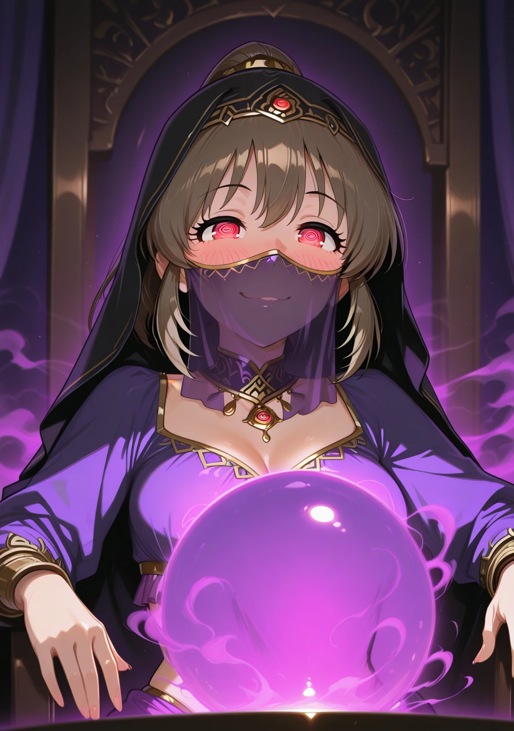 masterpiece, best quality, absurdres, perfect lighting,shiny skin,1girl,hori yuko,brown hair,red eyes,<lora:hori_yukko:1>,harem outfit,mouth veil,arabian clothes,gold_trim,jewelry,purple dress,<lora:got_smoked_IL:1.5>,colorful smoke,thinking,depth of field,Pondering My Orb, <lora:Pondering_My_Orb:1>,looking at viewer, glowing eyes, seductive smile, blush,dimlighting,dark_theme,glowing, curtains, hat,purple background, open hand, palms,