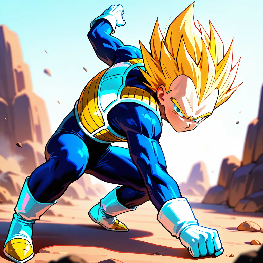 masterpiece, best quality, amazing quality, newest,detailed face, beautiful eye,<lora:songokuPoseV2test6++_illustrious:0.8> ,goku_pose_1, squatting pose, fighting stance, full body, left arm extended backward, right hand clenched into fist, legs apart, upper body leaning forward, looking sideways, serious expression, dynamic angle,left hand open,vegeta,white_boots,saiyan armor, super saiyan, white gloves,
