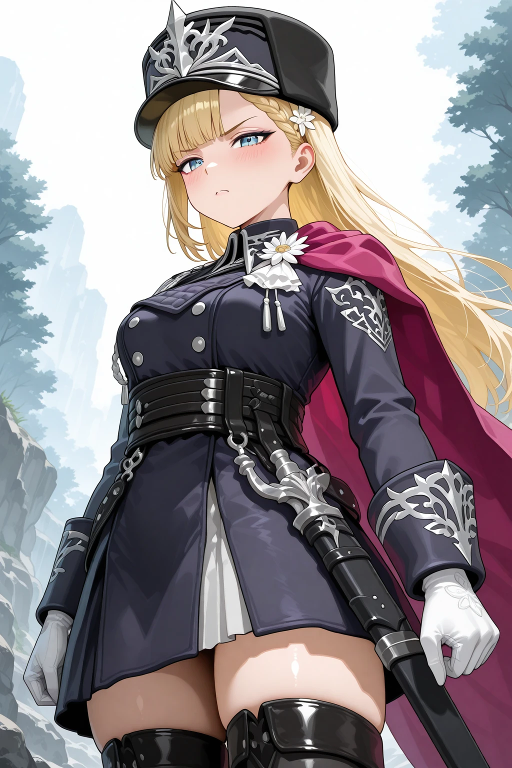 masterpiece, best quality, amazing quality, 1girl, solo, makeup, general, cowboy shot, looking at viewer, blush, dramatic angle, angry, from below, from side, outdoors, rock, <lora:RFGoA_Clar:1>, RFGoA_Clar, long hair, blue eyes, blonde hair, braid, blunt bangs, breasts, makeup, eyeshadow, hair flower, military hat, peaked cap, black headwear, military uniform, white gloves, purple cape, long sleeves, jacket, belt, black thighhighs, zettai ryouiki, dress, aiguillette, sheath, saber(weapon), <lora:wai-A3-V140:1>, <lora:illustrious_noobai_epsilon_pred_1_masterpieces_v1:1>