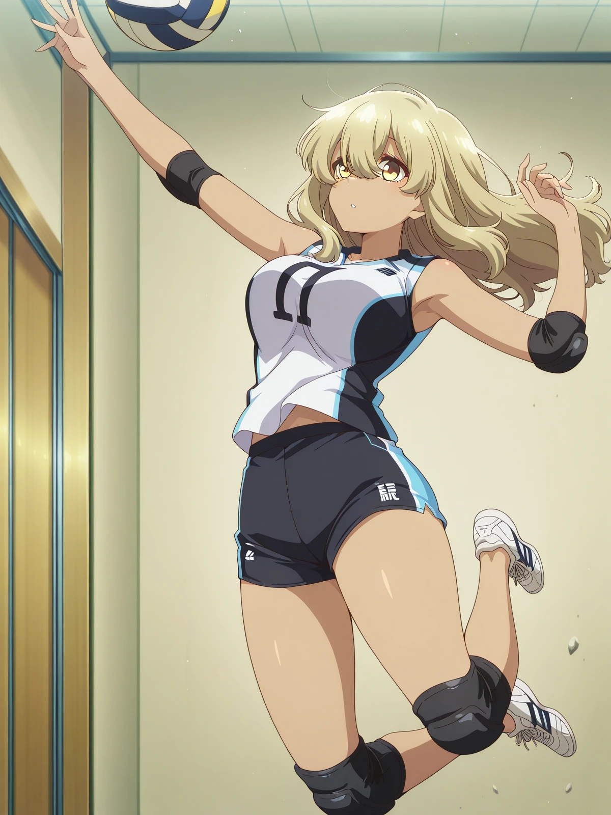 masterpiece, best quality, amazing quality,, <lora:kana-higa-s1-illustriousxl-lora-nochekaiser:1>, kana higa, long hair, bangs, blonde hair, hair between eyes, yellow eyes, mature female, breasts, anime screencap, <lora:volleyball-spike-illustriousxl-lora-nochekaiser:1>, volleyball spike, solo, full body, parted lips, armpits, arms up, ball, jumping, midair, volleyball, volleyball (object), indoors, elbow sleeve, volleyball uniform, shorts, shirt, sleeveless, elbow pads, knee pads, , ,