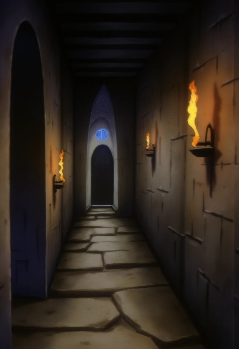 In the style of The Halloween Tree, cartoon.
Hidden behind a warped bookcase, the narrow corridor smells of dust and old blood. The stone walls are lined with candle sconces, long melted down to wax stubs. Strange symbols are etched into the mortar, pulsing faintly with cold light. As you walk, the passage twists unnaturally, and the door behind you silently seals shut. Something unseen breathes just ahead.
<lora:halloween_tree-Flux-v1:1.15>