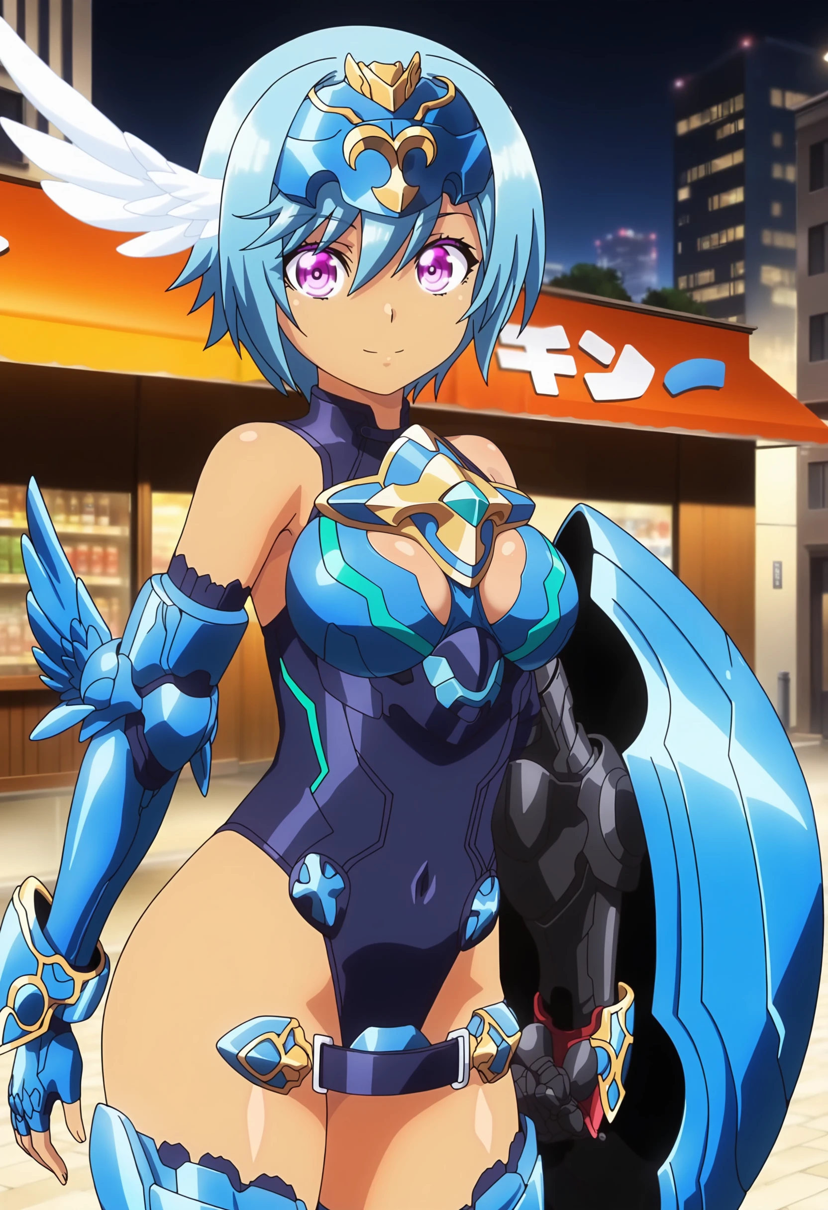 <lora:Blue_Rose-10:1>outdoor,street,Masterpeace,high quality,Blue_Rose, 1girl, solo, short hair, blue eyes, thighhighs,hat, cleavage, bare shoulders, jewelry, medium breasts, blue hair, full body, boots, elbow gloves, high heels, hand on hip, makeup, thigh boots, lipstick, superhero, thigh holster,blue lips,standing