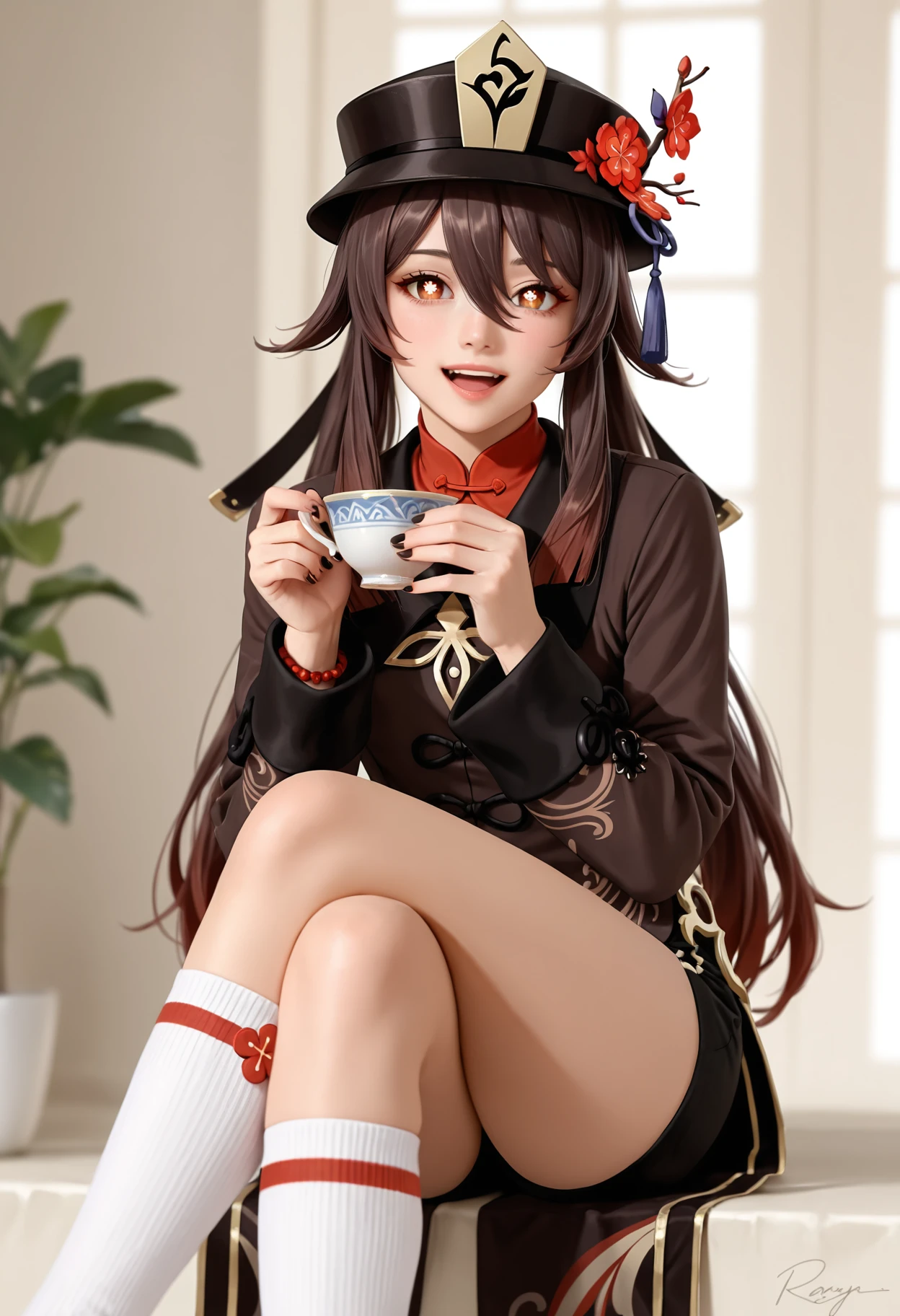 adult, mature, masterpiece, best quality, good quality, newest, highres, absurdres,
BREAK
raytracing, ambient occlusion,best quality, very awa, dynamic, cinematic, depth of field,blurry,
BREAK
realistic, masterpiece, absolutely eye-catching, (beautiful face),
BREAK
black hat, black shorts, brown eyes, brown hair, brown jacket, coattails, commentary, cup, flower, flower-shaped pupils, genshin impact, hair between eyes, hat, hat flower, highres, holding, holding cup, hu tao (genshin impact), jacket, kneehighs, long sleeves, open mouth, red shirt, shirt, short shorts, shorts, sitting, socks, solo, symbol-shaped pupils, tea, teacup, twintails, white socks