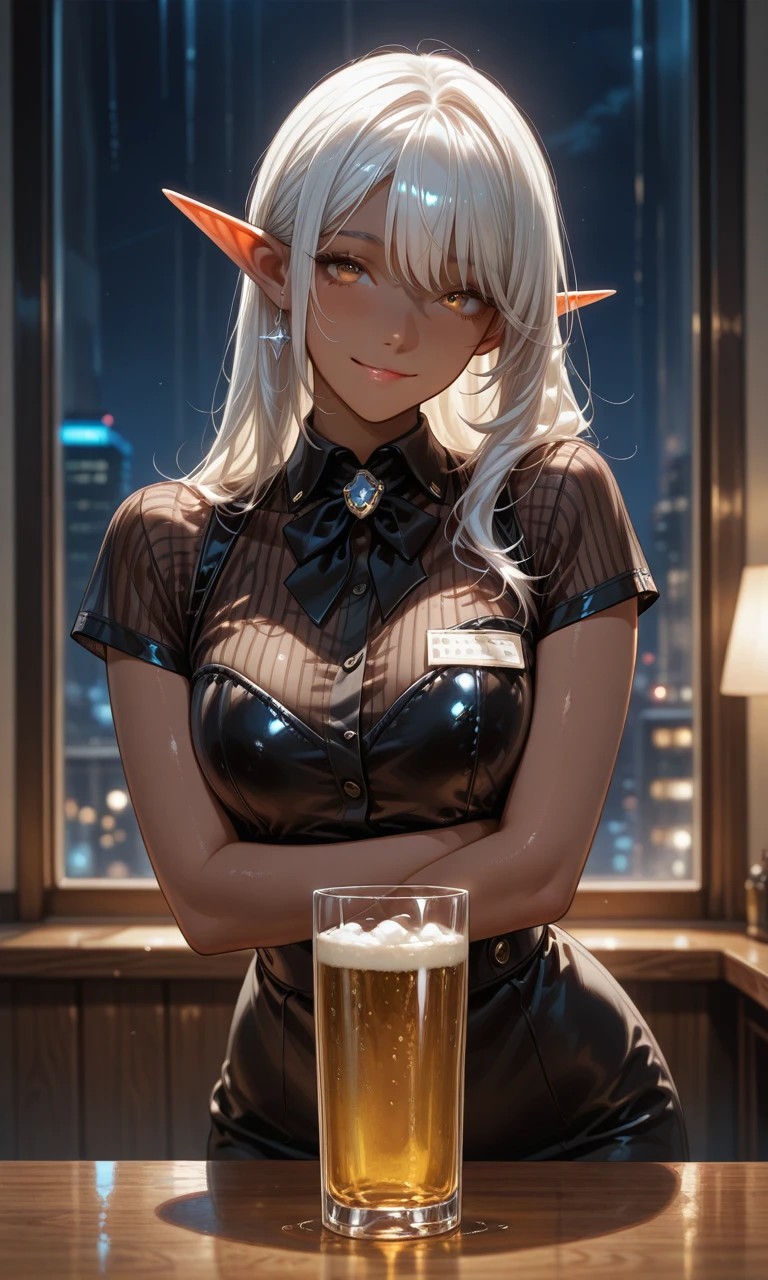 tmasterpiece，Highest image quality，Beautiful bust of a dark elf girl，elvish ears，Dark elf silver short hair style，Clear golden eyes，锁链，bistro in paris，Ultra-detailed details。At the Pixiv Art Station，Break your own power，The kinky  exposed，R-18G