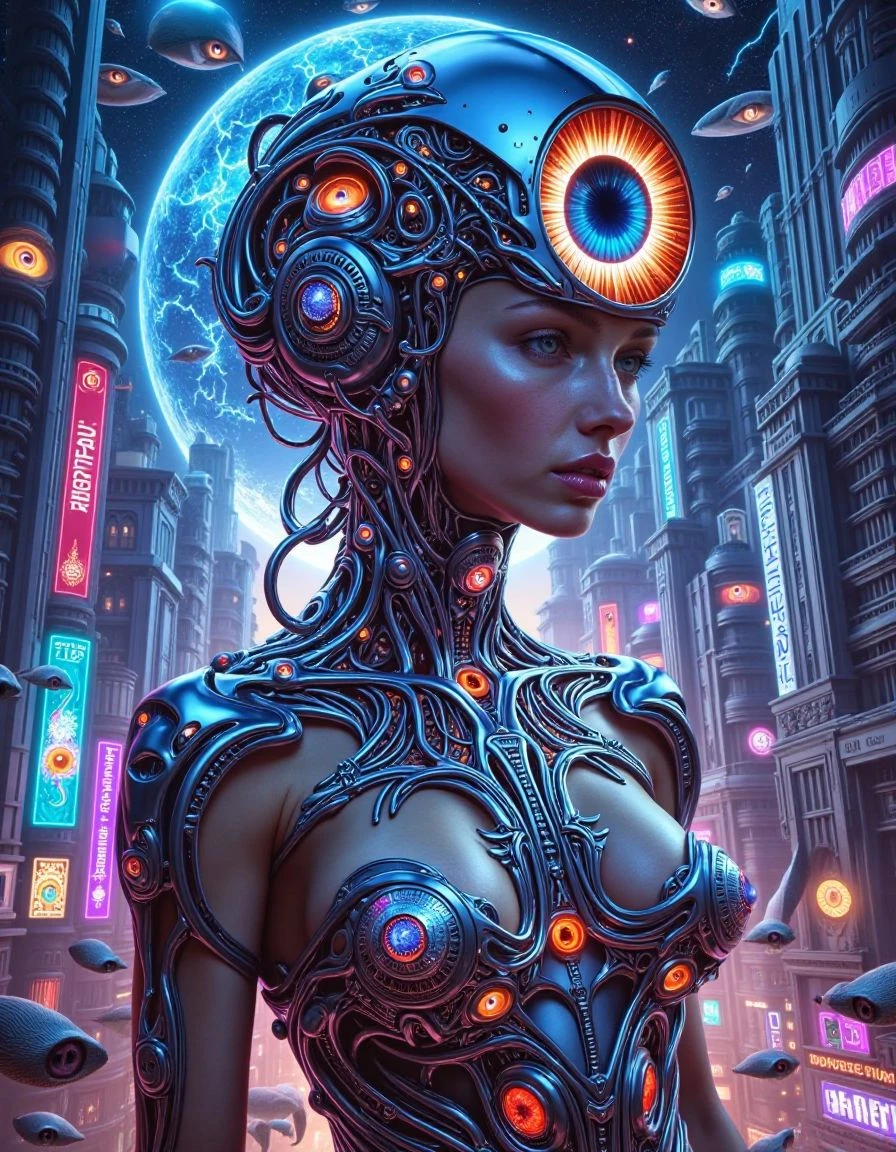 Hyper-realistic, psychedelic portrait of a sensual female cyborg in a surreal sci-fi cityscape. Her body is an intricate fusion of chrome, neural fibers, fluid light patterns, and organic curves, glowing with vibrant electric blues, purples, pinks, and golds. A massive iridescent cybernetic eye forms the top of her head, like a cosmic dome, with multiple smaller glowing eyes arranged like a surreal crown across her face, neck, and chest. Her metallic skin moves like liquid mercury over toned and alluring contours, accented by flowing circuits that pulse in psychedelic rhythms across her torso.
Her lips are slightly parted, metallic and soft, with hints of iridescent lipstick, and her gaze hypnotizes — equal parts erotic and alien. She wears surreal ornamental plating on her chest and hips, shaped like sacred geometry — elegant and otherworldly. The background is a shifting city made of kaleidoscopic glass towers twisting into the sky, with fisheye distortions, rainbow light rays, and looping patterns like melted neon. The atmosphere pulses like a hallucination, filled with floating eyes, fractals, and lightning spirals. The vibe is bizarre, seductive, electric, and divine — a techno-goddess in a world of sensual chaos.