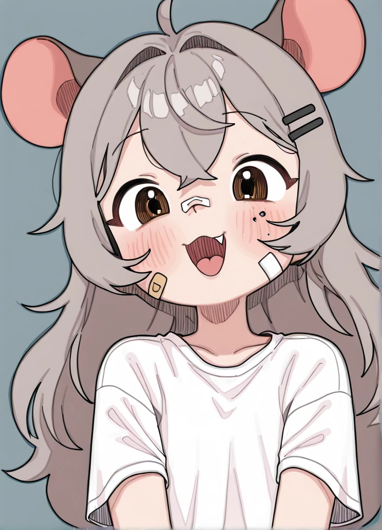 masterpiece, best quality, <lora:pssmmill:1>pssmm style, by pssmm, pssmm , 1girl possum girl ,gray hair , long hair , cute fang ,white shirt ,hair clip , band aid on face