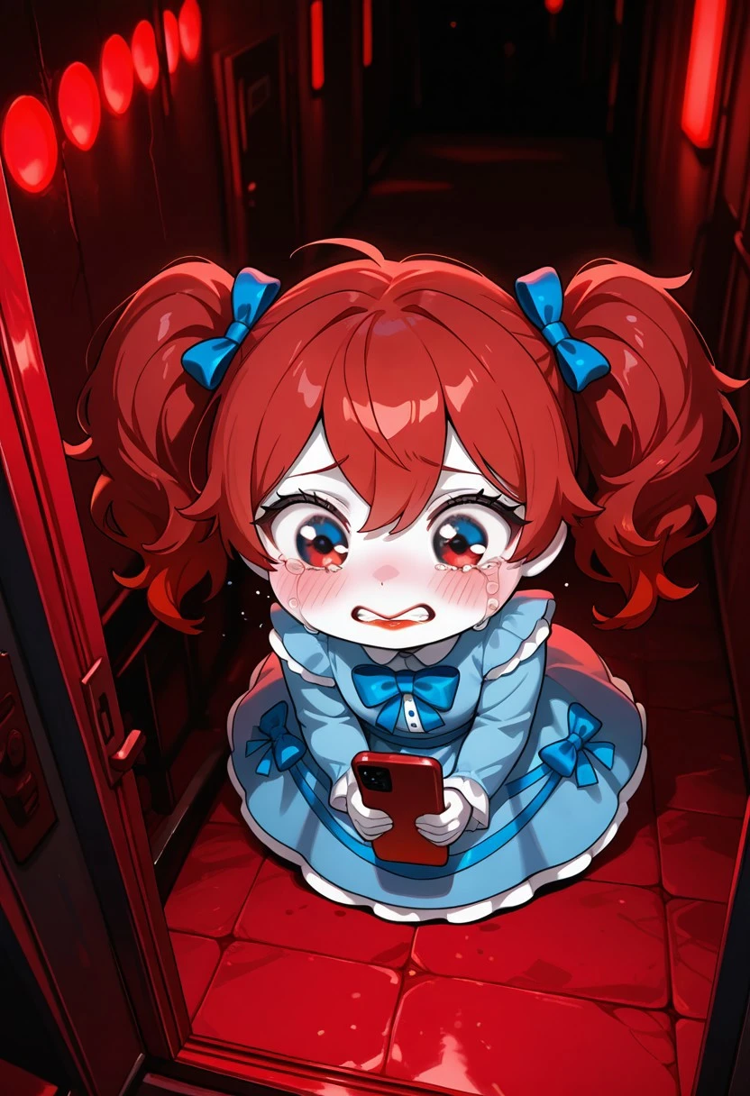 popplay, 1girl, twintails, red hair, blue bow, lipstick, blue dress, blush, long sleeves, white skin, big head, adult, shortstack,, big eyes,
stuck, inside basement, bloody eye, holding massive phone, clenched teeth, crying, red scene, red lights, monochrome, 
,masterpiece, best quality, amazing quality, very aesthetic, absurdres, newest,,(( cinematic,))