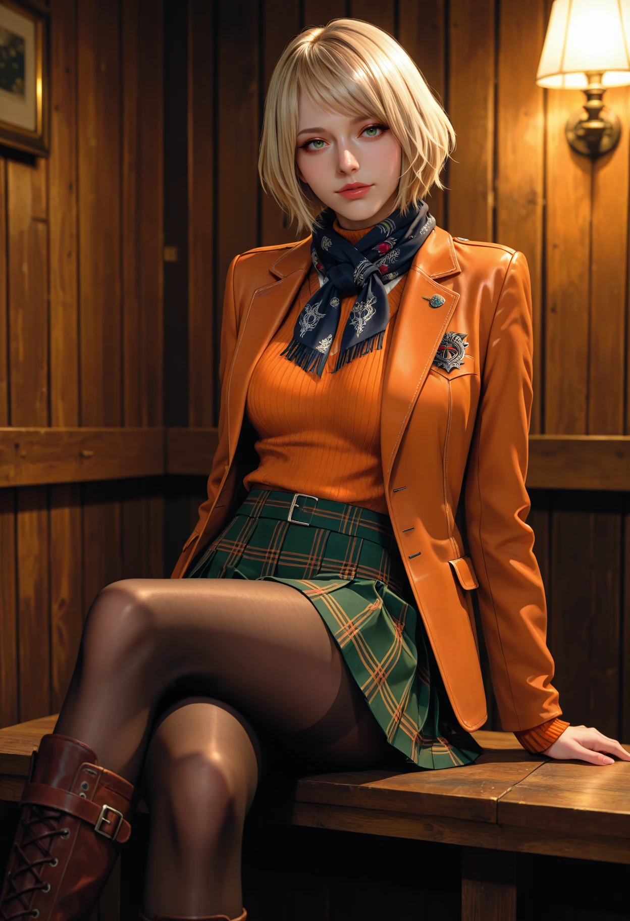 masterpiece, best quality,  ashley graham, green eyes, red neckkerchief, orange jacket, orange sweater, green miniskirt, no panties, looking at viewer, , sitting, barrel, sitting on barrel, indoors, boots, opening legs, showing 
