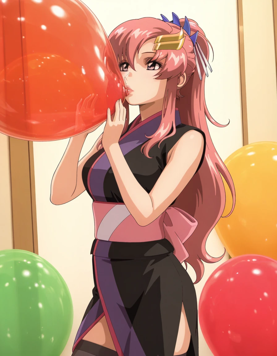 masterpiece,best quality,amazing quality,very aesthetic,high resolution,ultra detailed,perfect details,anime coloring,
1girl,solo,cowboy shot,<lora:mai_balloon_blowing:1>,mai_balloon_blowing,balloon_blowing,balloon,
<lora:lacus_c_IL1:1>,lacus_c,1girl,anime coloring,retro artstyle,solo,long hair,pink hair,high ponytail,hair ornament,hair ribbon,hair between eyes,purple eyes,lips,lipstick,black sleeveless kimono,sash,black thighhighs,medium ,