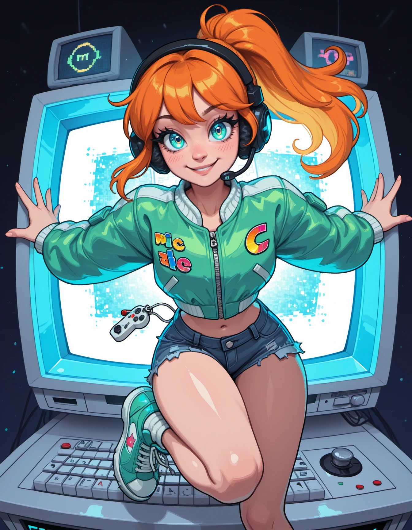masterpiece, best quality, 1girl, solo, eyelashes, (beautiful eyes), dynamic pose, foreshortening, smile, looking at viewer,   [Arcade Champion], pixel jacket, cropped varsity jacket, denim shorts, neon sneakers, gamer headset, joystick keychain, pixel blush, arcade background, crt monitors, glowing screens, confident expression, high score screen,