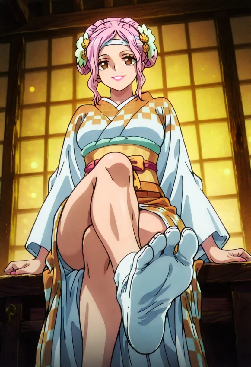O-SomeOP, 1girl, solo, pink hair, hair ornament, hair bun, hair flower, sidelocks, brown eyes, full lips, pink lipstick, japanese clothes, orange checkered kimono, wide sleeves, sash, yellow obi, large breast, thick thighs, headband, tabi, yukata,
masterpiece, best quality, fine details, intricate details, depth of field, subsurface scattering, bokeh, ultra-detailed, very aesthetic, detailed background, newest, scenery, highres, absurdres, colorful, vibrant, glowing, perfect face, 2d, perfect eyes, vibrant saturated colors, volumetric lighting, sharp, detailed eyes, perfect anatomy, perfect face, perfect eyes, mature body, clear eyes, beautiful eyes, athletic, curvy body, athletic girl, perky tits, perfect tits, round breasts, pinup pose, teasing, lustful expression, perfect hands,
muscular female, dutch angle, dynamic pose,
naughty smile, pov, foot focus, presenting foot, sitting, crossed legs, femdom,from below, close-up, beautiful toes, foot fetish, pov hand
,Smooth Negative, Smooth_Quality,
dark_fantasy_style, dark fantasy, retro,