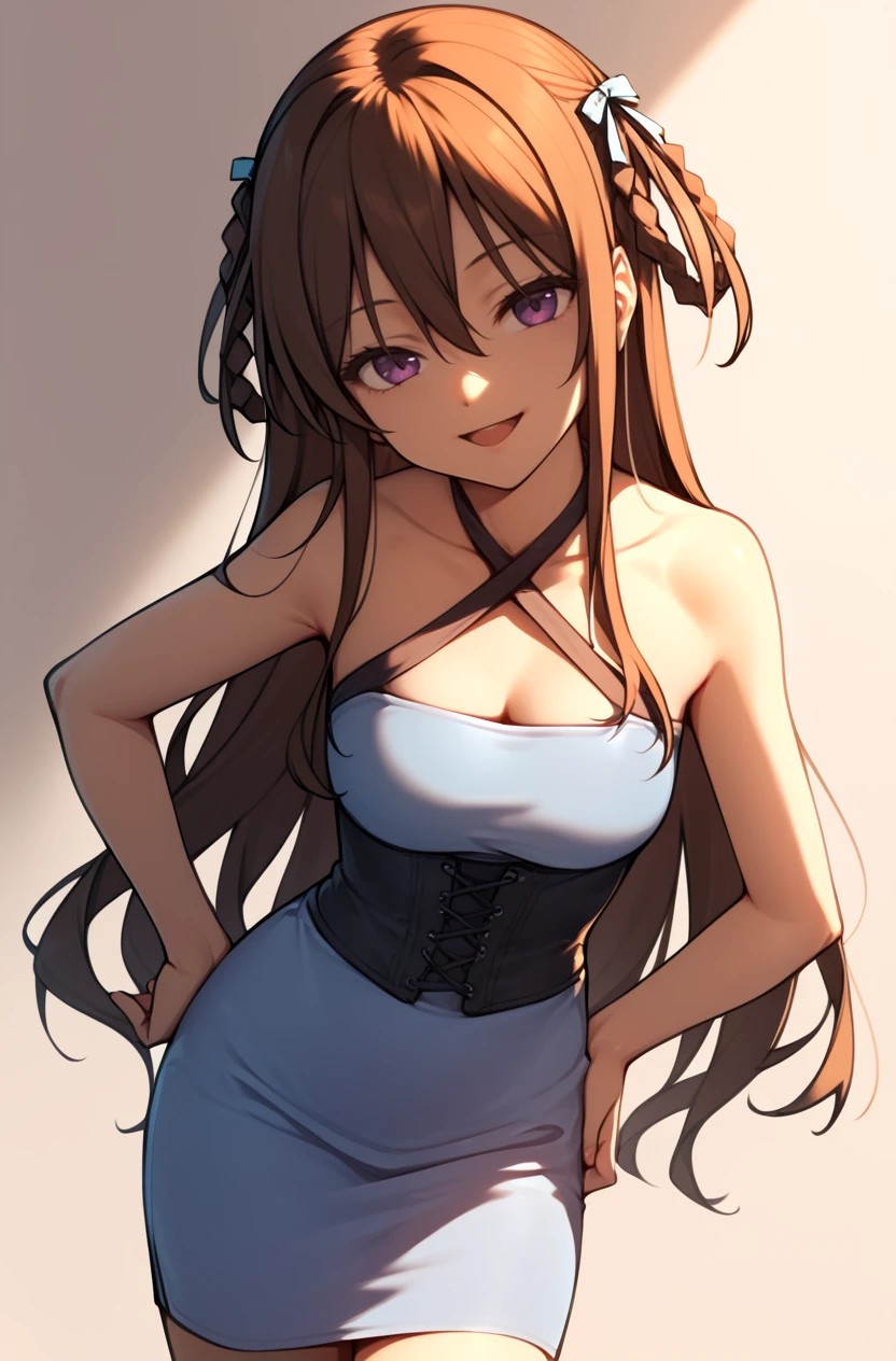 score_9, score_8_up, score_7_up, masterpiece, best quality, amazing quality, very aesthetic, newest, absurdres, highres,
1girl, solo,
<lora:TachikawaAyakaPonyV1:1> tachikawaayaka, brown hair, long hair, braided hair rings, purple eyes, hair between eyes,
hand on hip, waving, leaning forward, open mouth, smile,
lens flare, gradient background, abstract background,
<lora:1044 Home wear 46_v1_pony:0.8> ruanyi1044,bare shoulders,cross-laced clothes,halterneck,pencil dress,black corset,light blue dress