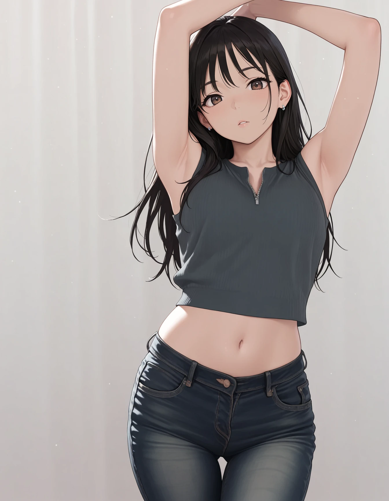 masterpiece,best quality,amazing quality,very aesthetic,high resolution,ultra detailed,perfect details,
1girl,solo,looking at viewer,dynamic pose,
<lora:mai_bj_clothing_m_denim:1>,mai_bj_clothing_m_denim,sleeveless_shirt,grey_shirt,unzipped,crop_top,earrings,jeans,