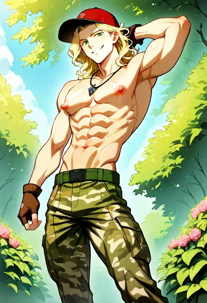 1boy ,solo, naughty smile, confident smirk, score_9, score_8_up, score_7_up, highly detailed, Filippo Valente, blonde hair, green eyes, medium length hair, wavy hair, face framing hair, green cargo pants, camouflage pants, army style pants, black cord necklace, red baseball cap, brown leather gloves, fingerless gloves, garden, garden background, foliage, flowers, Detailed background, looking at viewer, male focus, oiled body, shiny body, glistening skin, toned body, toned chest, 8 packs abs, toned legs, dominant pose, shirtless, male face, slim body, adult face, mature features, manly face, slim muscle, lean body, erect nipples, puffy nipples, puffy areolae, big nipples, big chest, big pecs, high quality, sexy poses, dynamic angles, masterpiece, high res, good looking detailed, beautiful eyes, beautiful face, beautiful body, good looking, wide shoulders, slim waist, narrow waist, enticing, sensual, bubble butt, muscular, massive pectorals, from below, dynamic poses, one arm raised behind head,