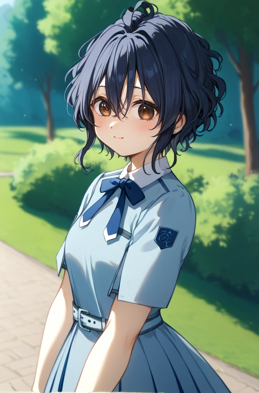 score_9, score_8_up, score_7_up, masterpiece, best quality, amazing quality, very aesthetic, newest, absurdres, highres,
1girl, solo,
<lora:BokuWaSonzaiDressPonyV1:1> bokuwasonzaidress, pleated dress, blue dress, blue bowtie, belt, short sleeves,
<lora:TakigawaMiuPonyV1:1> takigawamiu, black hair, wavy hair, short hair, brown eyes, hair between eyes,
upper body, looking at viewer, light smile, blush, blurry background, outdoors,