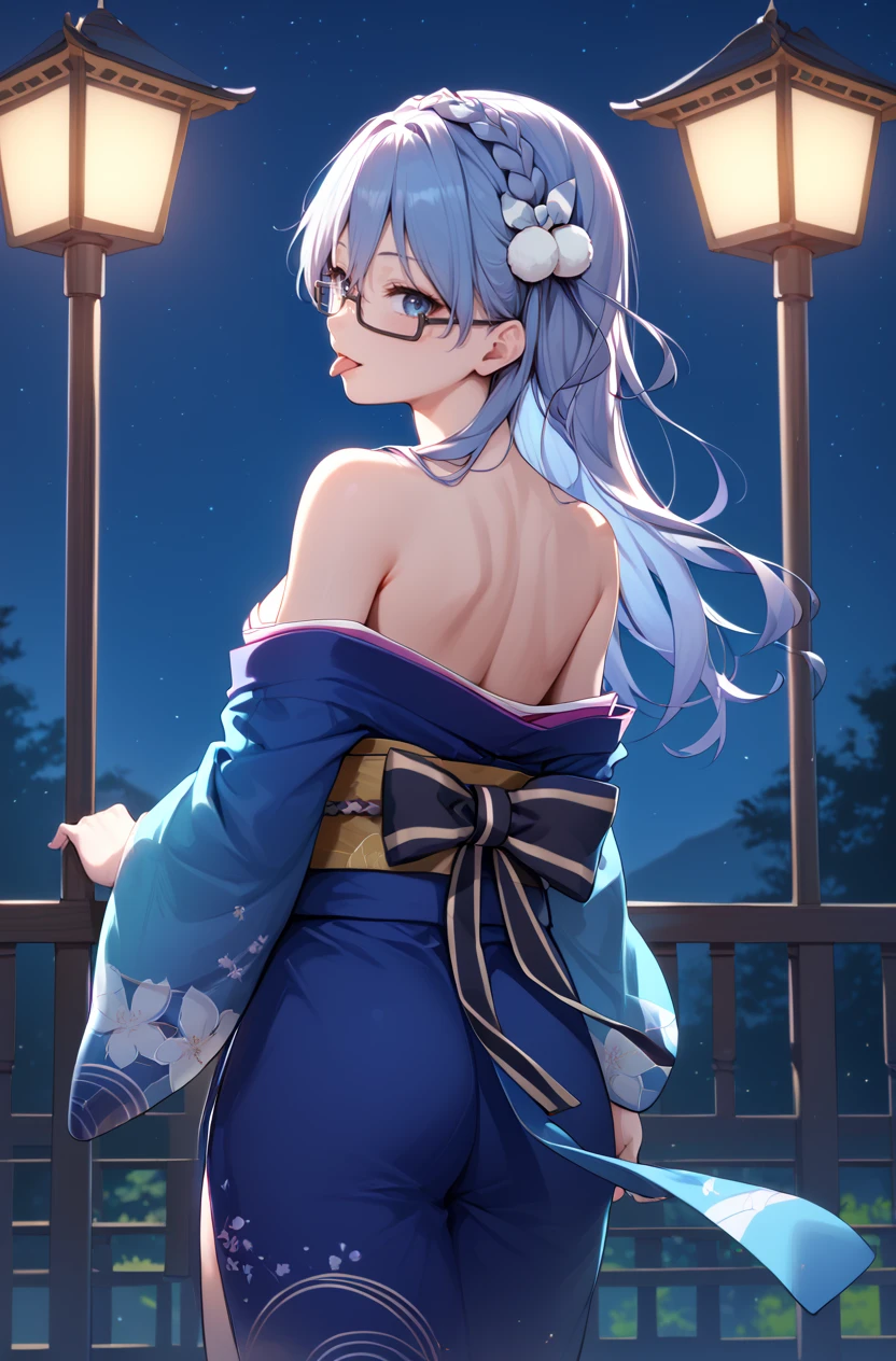 score_9, score_8_up, score_7_up, masterpiece, best quality, amazing quality, very aesthetic, newest, absurdres, highres,
1girl, solo,
<lora:MaruyamaAkanePonyV1:1> maruyamaakane, blue hair, long hair, blue eyes, glasses, single braid, hair ornament,
kimono, bare shoulders, night sky, from behind, looking at viewer, tongue out,