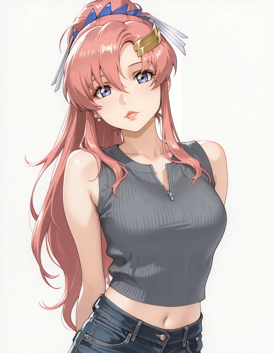 masterpiece,best quality,amazing quality,very aesthetic,high resolution,ultra detailed,perfect details,<lora:mai_ki_style:1>,mai_ki_style,<lora:mai_Ink_style:1>,traditional media,
1girl,solo,looking at viewer,dynamic pose,
simple background,grey background,
<lora:mai_bj_clothing_m_denim:1>,mai_bj_clothing_m_denim,sleeveless_shirt,grey_shirt,unzipped,crop_top,earrings,jeans,
<lora:lacus_c_IL1:1>,lacus_c,1girl,anime coloring,retro artstyle,solo,long hair,pink hair,high ponytail,hair ornament,hair ribbon,hair between eyes,purple eyes,lips,lipstick,medium breasts,