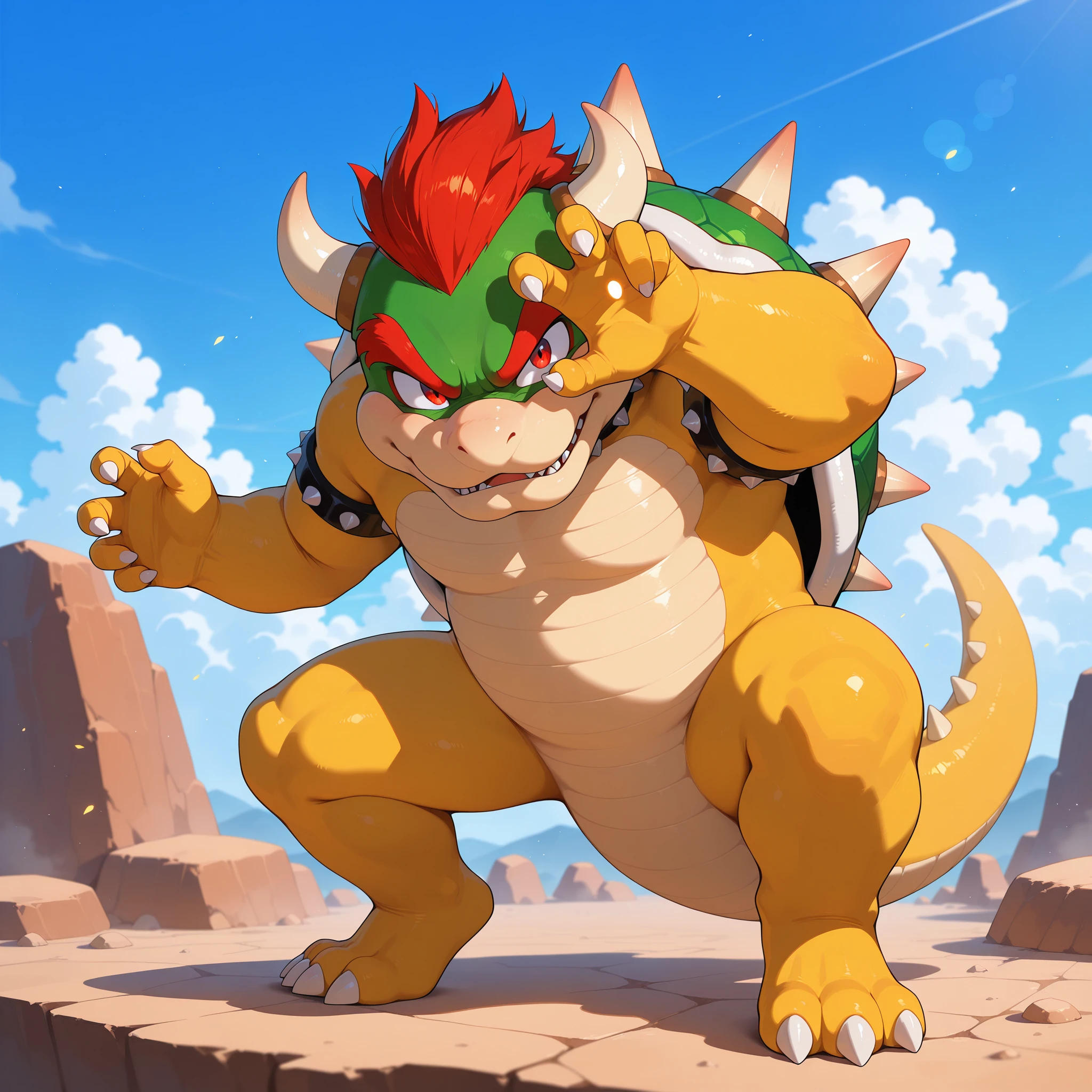masterpiece, best quality, amazing quality, newest,detailed face, beautiful eye, <lora:vegetaPoseV1_illustrious:1.0>,full body,dynamic pose, fighting stance, one eye covered, hand on forehead, bent knees, confident expression,solo,,no human, solo,bowser,animal feet animal_hands,crossed arms,lizard tail,red_hair,red eyes, colored skin,furry male,yellow skin,nude,, masterpiece, best quality, amazing quality, newest,detailed face, beautiful eye