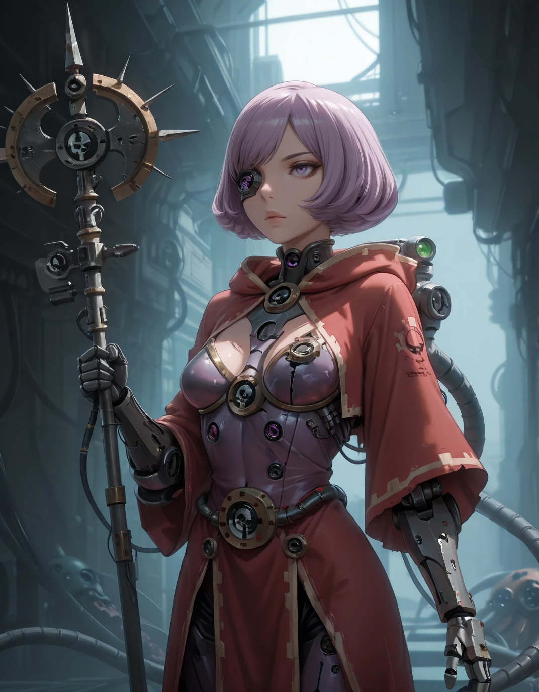(1girl, purple hair medium hair heart hair bun, blue eyes, , despair) (digital) ( dynamic pose in detailed pool, (skull, tube, robot, science fiction, humanoid robot, cyborg, extra arms, hood, robe, glowing eyes, mechanical arms, steampunk, armor)) , best quality, <lora:boldline:0.2> <lora:hairdetailer:0.2> techpriest <lora:techpriest:1>