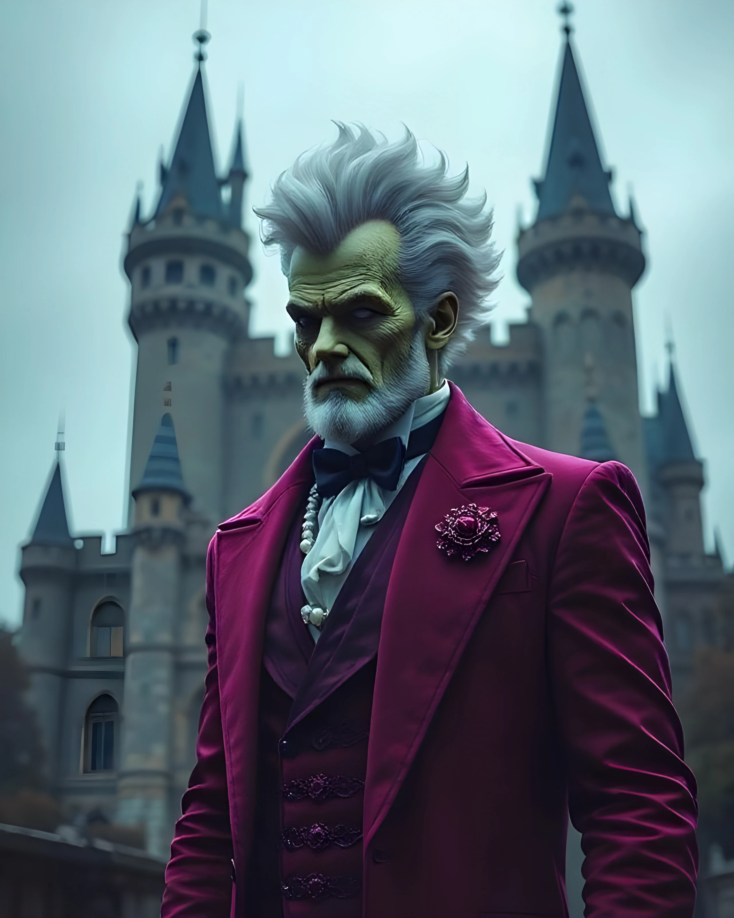 A stern-looking figure with green skin and striking white hair stands prominently in the foreground, dressed in an elegant, deep burgundy suit with a high-collared shirt and a bow tie. The outfit is adorned with a white pearl necklace and a decorative brooch. In the background, a grand, fairy-tale castle with tall spires and a cloudy sky adds a dramatic atmosphere to the scene. The character's intense expression contributes to a sense of mystery and authority.