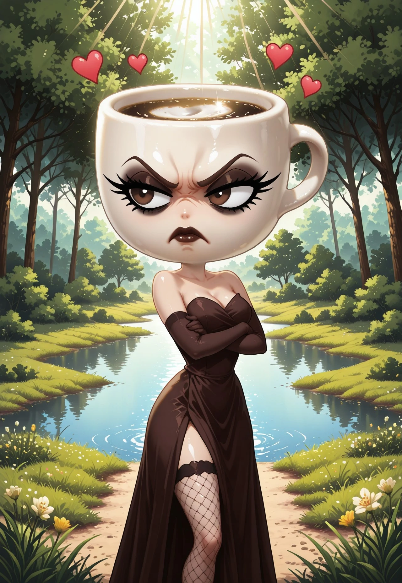 (cutecore, kawaiicore) 1girl, expressona signora, object_head, white coffee cup head, heavy dark makeup, eye makeup, eyeliner, mascara, dark smoky brown eyeshadow, long eyelashes, detailed lips, dark brown lipstick, eyebrows, (angry), frown, crossed arms, dark brown strapless sleeveless evening gown, dark brown elbow gloves, fishnet stockings, ((detailed scenery, detailed background)), outside, afternoon, verdant park, marsh, (verdant greenery, trees, lush bushes, grass, grassy lawn, wildflowers, water, lake, sunlight, sun rays, hearts)