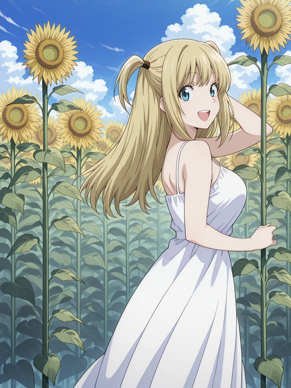 masterpiece, best quality, amazing quality,, <lora:misa-amane-anime-illustriousxl-lora-nochekaiser:1>, misa amane, long hair, blonde hair, blue eyes, two side up, mature female, medium breasts, anime screencap,, <lora:field-of-sunflowers-illustriousxl-lora-nochekaiser:1>, field of sunflowers, solo, looking at viewer, smile, open mouth, dress, standing, flower, :d, outdoors, teeth, sky, sleeveless, day, cloud, white dress, from side, blue sky, sleeveless dress, sunflower, sundress,, , ,