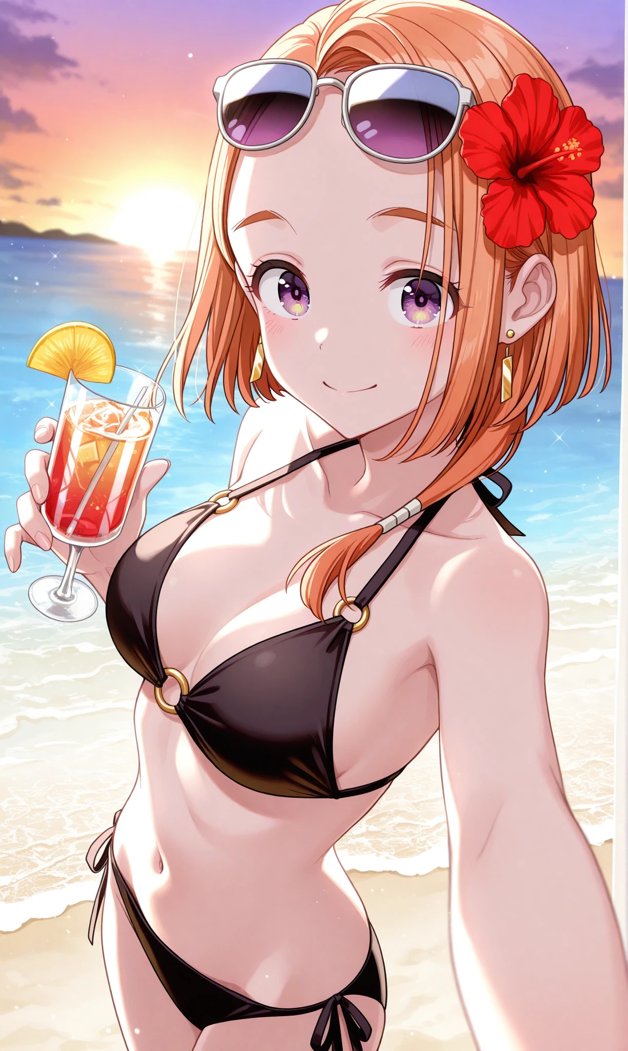 Master piece,best quality,official style,hololive,houshou marin,realistic textured, Highly detailed, High resolution 16k close-up of human skin. Skin texture must be natural, With such detail that pores can be finely identified. Skin should look healthy,cowboy_shot,micro_bikini, beach, crowd, light smile