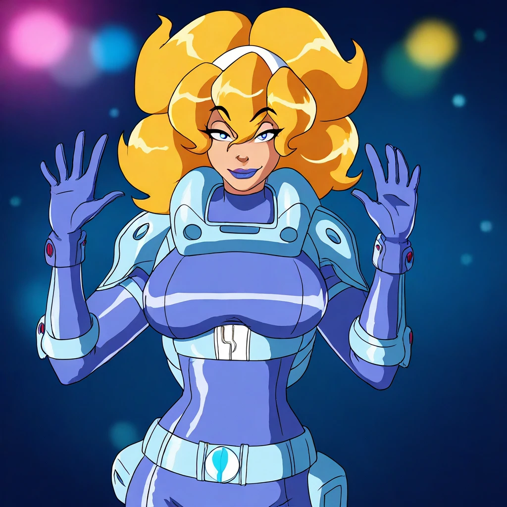 LadyLunaTS, 1girl, solo, tall woman, blonde hair, thick voluminous hair, shoulder-length wavy hair, bangs, bangs covering forehead, white headband with blue stars, blue eyes, full lips, hot pink lipstick, purplish-blue spacesuit, jetpack, belt, armor, wide hips, large breast, curvy thighs, large butt, boots, gloves, bodysuit, masterpiece, best quality, fine details, intricate details, depth of field, subsurface scattering, bokeh, ultra-detailed, very aesthetic, detailed background, newest, scenery, highres, absurdres, colorful, vibrant, glowing, perfect face, 2d, perfect eyes, vibrant saturated colors, volumetric lighting, sharp, detailed eyes, perfect anatomy, perfect face, perfect eyes, mature body, clear eyes, beautiful eyes, athletic, curvy body, athletic girl, perky tits, perfect tits, round breasts, pinup pose, teasing, lustful expression, perfect hands, muscular female,