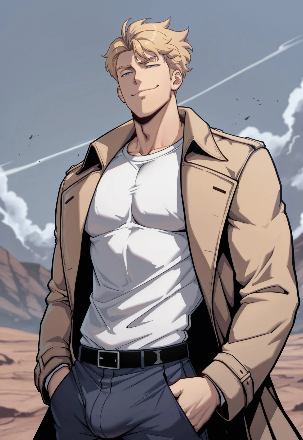 masterpiece, best quality, newest, absurdres, highres, male, bara, male focus, 1boy, muscular, v-taper, long torso, narrow waist, solo, angular jawline, Lennart, blue eyes, blonde hair, white shirt, trench coat, smug, outside, windy, pants, bulge, cool pose