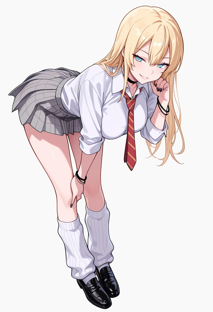 1girl, solo, long hair, looking at viewer, blush, open mouth, bangs, skirt, blonde hair, simple background, thighhighs, long sleeves, white background, underwear, green eyes, censored, necktie, black thighhighs, clothes lift, bar censor, skirt lift, squatting, lifted by self, ?, panty pull, tiptoes
