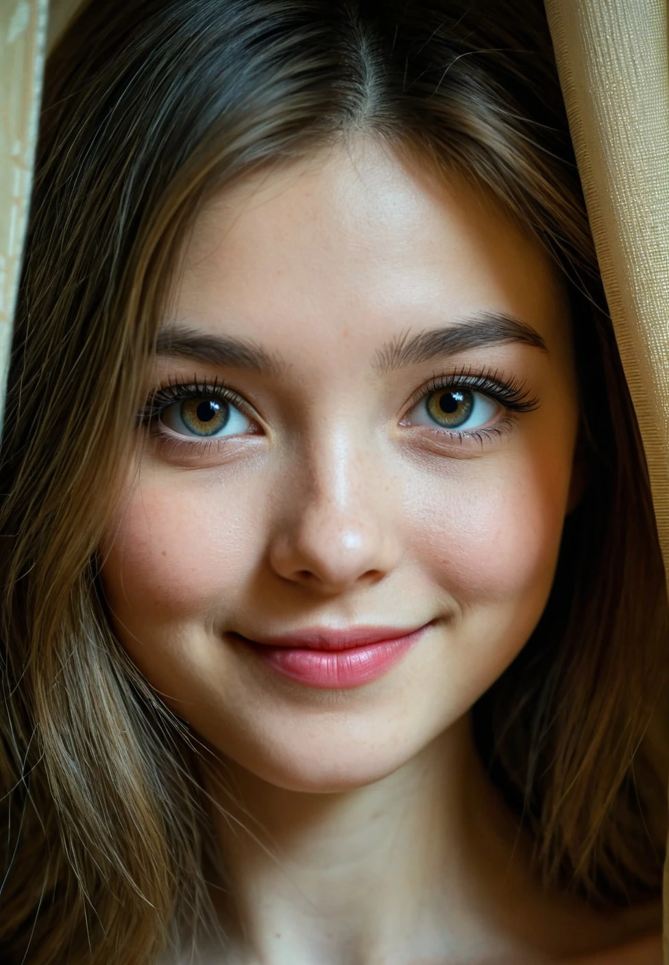 Photo, RAW, Best Quality, High Quality, HDR, 4K, Intricate Details, Beautiful, very detailed, volumetric lighting, Confused, Soft features, 
absurdres, 20 year old girl, beautiful eyes, shy, seductive, teasing, playful, action, motion, colorful, dynamic angle, oval delicate face, cute looking, monolid eyes, lips apart, (malaysian beauty:1.3), (upper body photo:1.3),  framed between two curtains, structure, realistic, ultra detailed, realistic skin texture, (inviting smile:1.2),