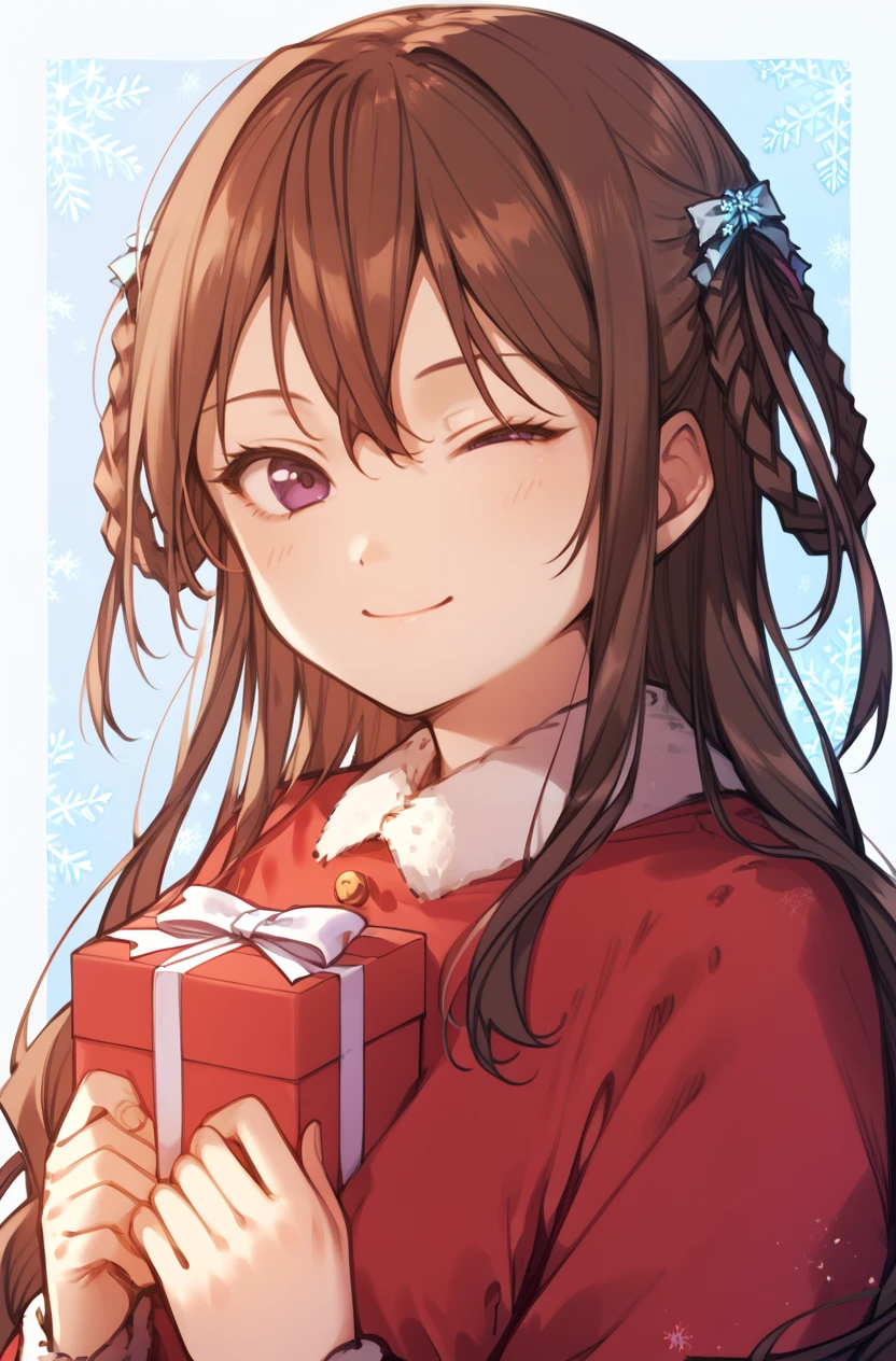 score_9, score_8_up, score_7_up, masterpiece, best quality, amazing quality, very aesthetic, newest, absurdres, highres,
1girl, solo,
<lora:TachikawaAyakaPonyV1:1> tachikawaayaka, brown hair, long hair, braided hair rings, purple eyes, hair between eyes,
upper body, santa costume, smile, jingle bell, gift box, snowflake background, wink, one eye closed,
<lora:StariweiStyle:0.8> stariwei_style