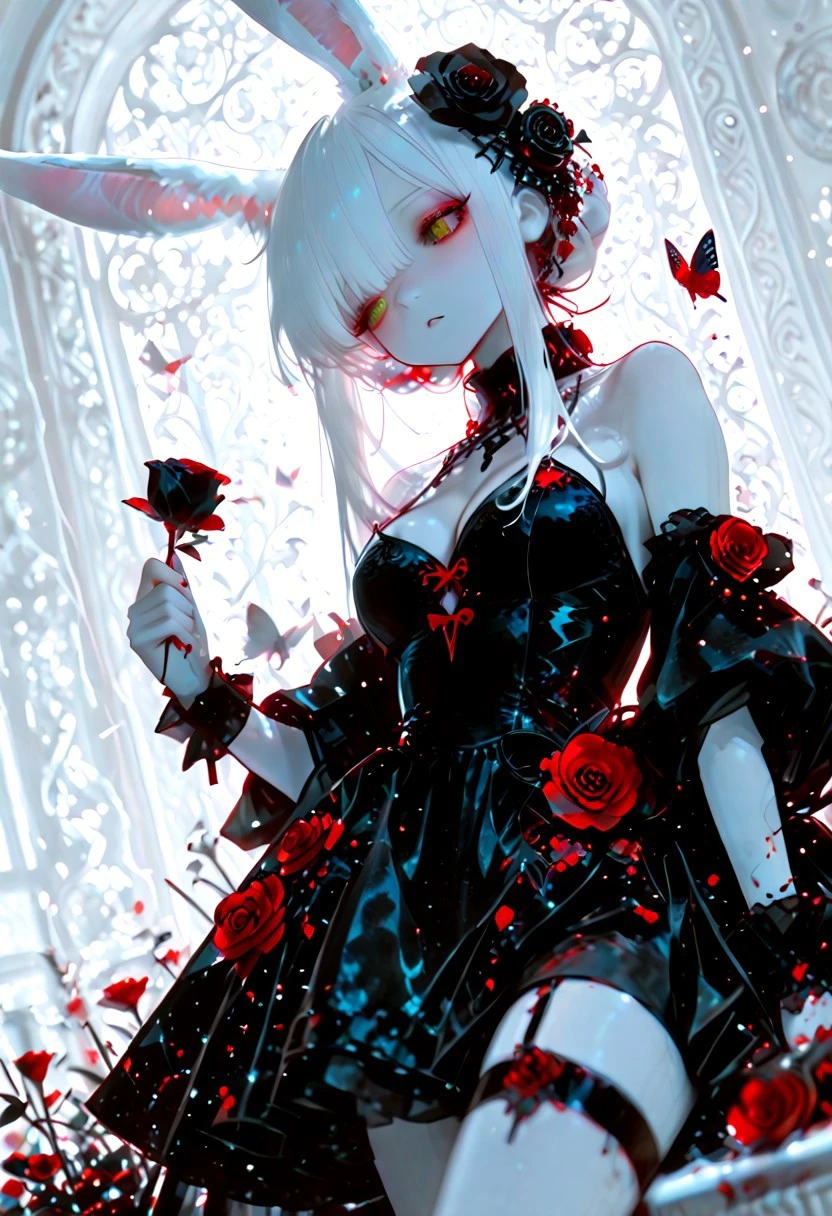masterpiece, best quality, very awa, absurdres, model style, stylist, soft lighting, blum effect, masterpiece, absolutely eye-catching,
(beautiful face), cleavage, medium breasts, ultra-detailed, 8K, illustration, cute woman, yellow eyes, eyelashes, long eyelashes,
BREAK shallow depth of field, anime coloring, flat color
BREAK (sexy, slutty, hot,) (only girl, solo foucus) Hare of Inaba, white rabbit ears solo, standing
BREAK (rella:1.2), (redum4:1.2) (au \(d elete\):1.2) (dino \(dinoartforame\):1.1), dress, flower, hair flower, black dress, rose, red flower, butterfly, black flower, white theme, limited palette, tenebrism ,eye level, Dutch angle, blurry foreground blood covered crazy