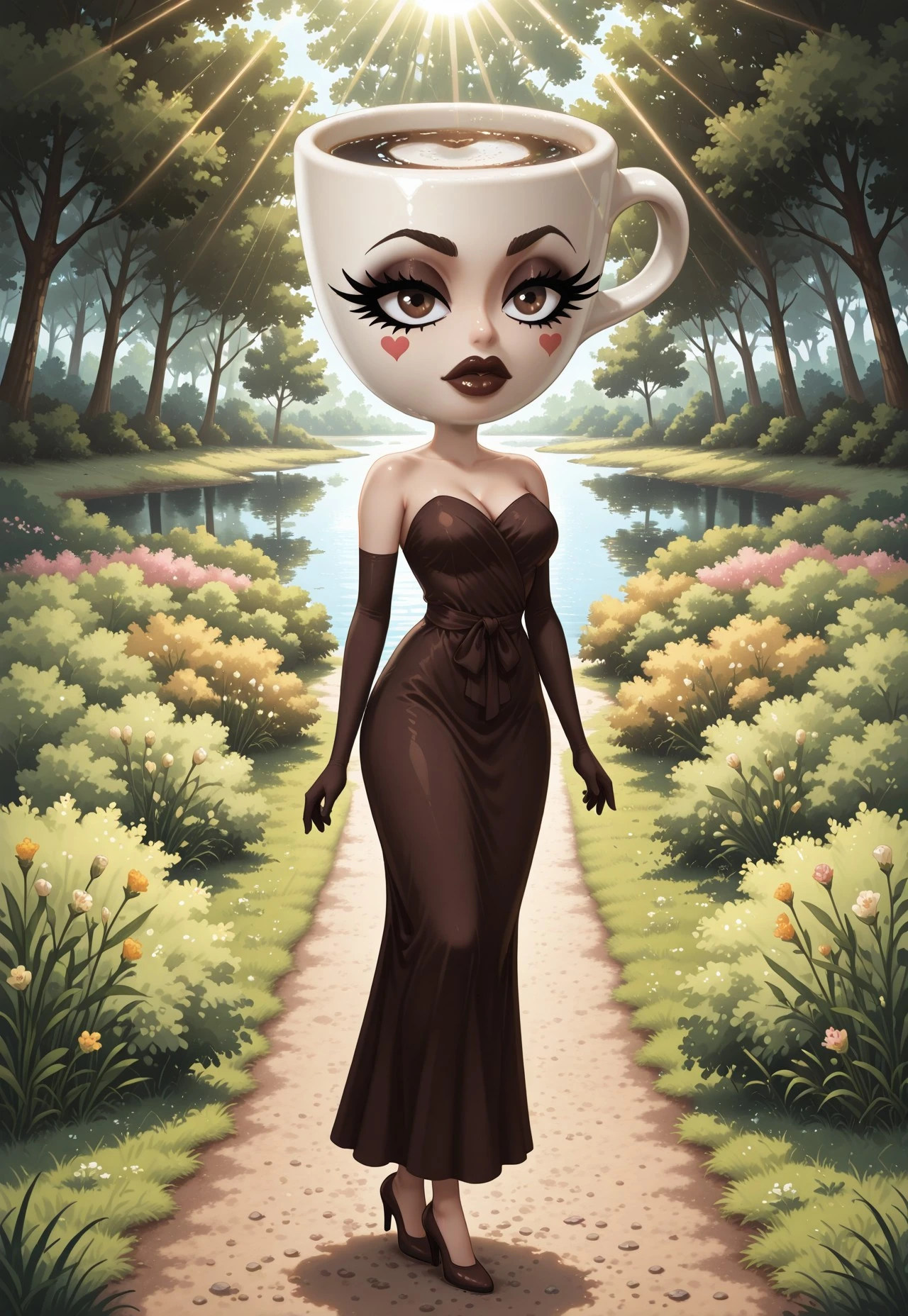 (cutecore, kawaiicore) 1girl, expressona signora, object_head, white coffee cup head, heavy dark makeup, eye makeup, eyeliner, mascara, dark smoky brown eyeshadow, long eyelashes, detailed lips, dark brown lipstick, eyebrows, dark brown strapless sleeveless evening gown, dark brown elbow gloves, dark brown heels, ((detailed scenery, detailed background)), outside, afternoon, verdant park, marsh, (verdant greenery, trees, lush bushes, grass, grassy lawn, wildflowers, water, lake, sunlight, sun rays, hearts)