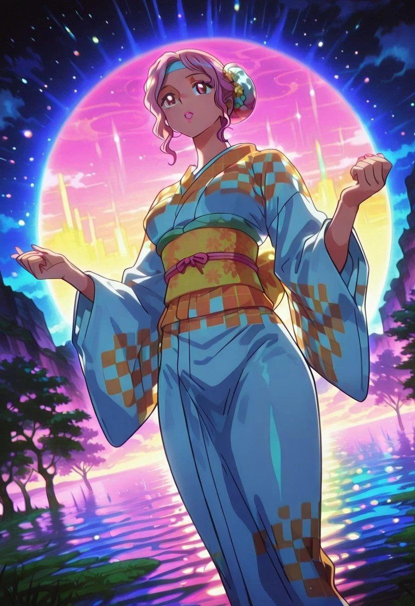 O-SomeOP, 1girl, solo, pink hair, hair ornament, hair bun, hair flower, sidelocks, brown eyes, full lips, pink lipstick, japanese clothes, orange checkered kimono, wide sleeves, sash, yellow obi, large breast, thick thighs, headband, tabi, yukata,
masterpiece, best quality, fine details, intricate details, depth of field, subsurface scattering, bokeh, ultra-detailed, very aesthetic, detailed background, newest, scenery, highres, absurdres, colorful, vibrant, glowing, perfect face, 2d, perfect eyes, vibrant saturated colors, volumetric lighting, sharp, detailed eyes, perfect anatomy, perfect face, perfect eyes, mature body, clear eyes, beautiful eyes, athletic, curvy body, athletic girl, perky tits, perfect tits, round breasts, pinup pose, teasing, lustful expression, perfect hands,
muscular female, dutch angle, dynamic pose,
,Smooth Negative, Smooth_Quality,
retro_celestial_scifi, retro artstyle