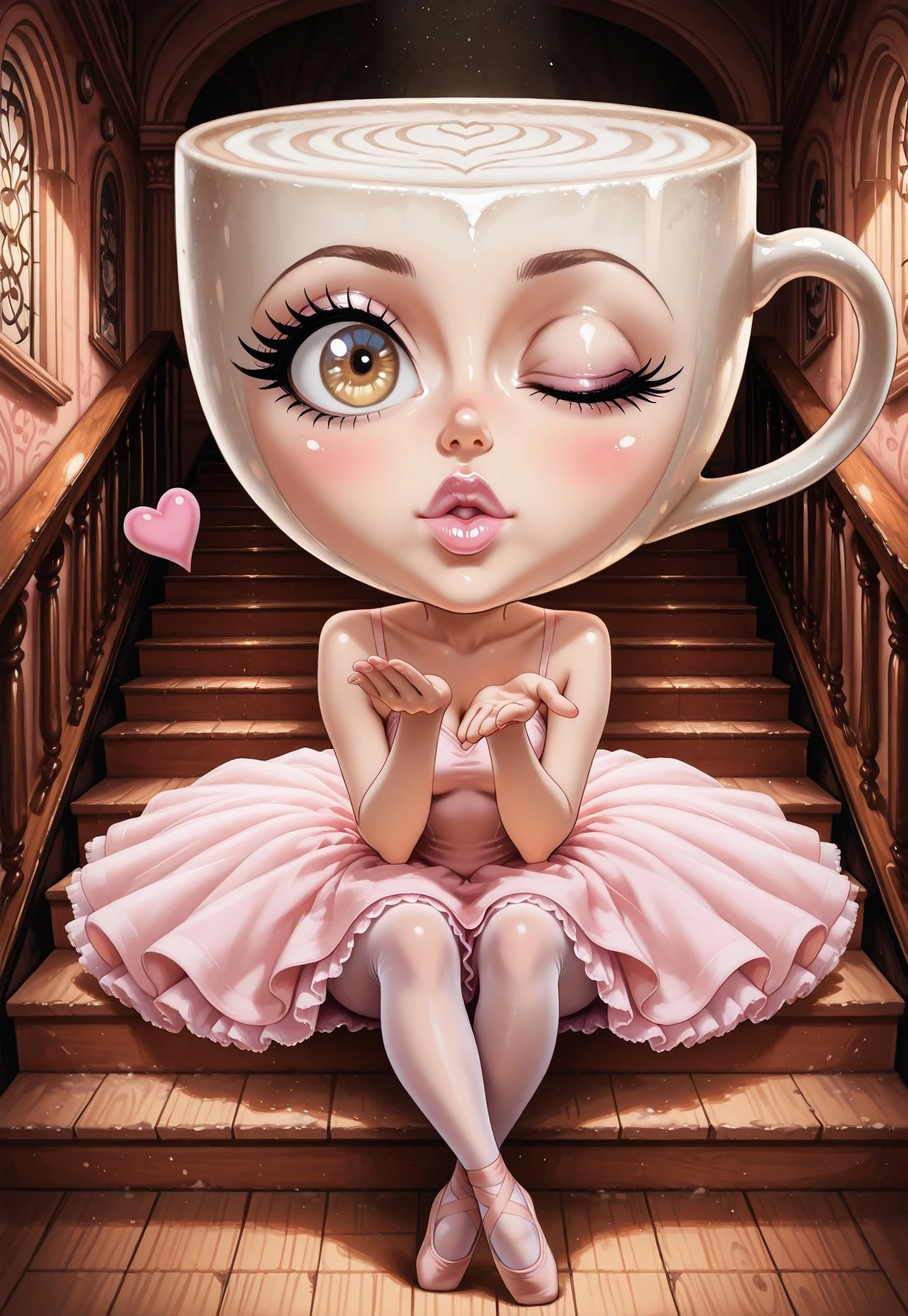 (cutecore, kawaiicore) 1girl, ballerina cappuccina, object_head, white coffee cup head, white face, big eyes, (one eye closed, wink, winking), makeup, mascara, eyelashes, pink blush, detailed lips, leaning over, (blowing a kiss : 1.2), sitting, (sitting on a step), light pink lipstick, ballerina, pink ballerina dress,  shoulders, pink tutu, light pink pantyhose, pink ballet slippers, ((detailed scenery, detailed background)), indoors, evening, ornate old theatre, backstage, (winding staircase, wooden steps, antique stage, wall sconces, Art Deco architecture, dim lighting, dark lighting, dust motes)