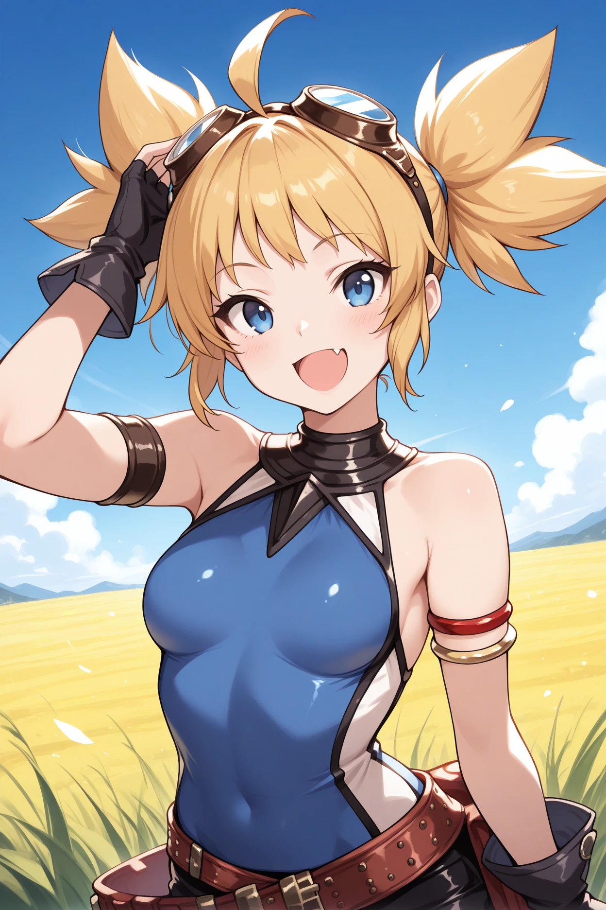 masterpiece, best quality, <lora:gbfpengy-nvwls-v1-000010:0.9> gbfpengy, goggles on head, (blue bodysuit:1.5), sleeveless, armlet, belt, black shorts, white thighhighs, fingerless gloves, upper body, :D, sky, clouds, winter, snow, field
