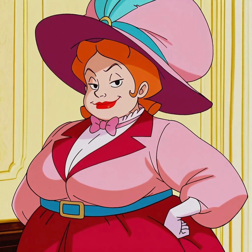 2d cartoon, anatomically correct, masterpiece, best high quality, ultra details, realistic, RAW Photo, perfect anatomy, 4k, 8k, quality lighting, detailed hands, detailed eyes, solo, obese, middle-aged, woman, red dress, large red hat with a feather, red high heels, brown hair in a bun, holding a fan, massive thighs, massive hips, huge breasts, thick legs 