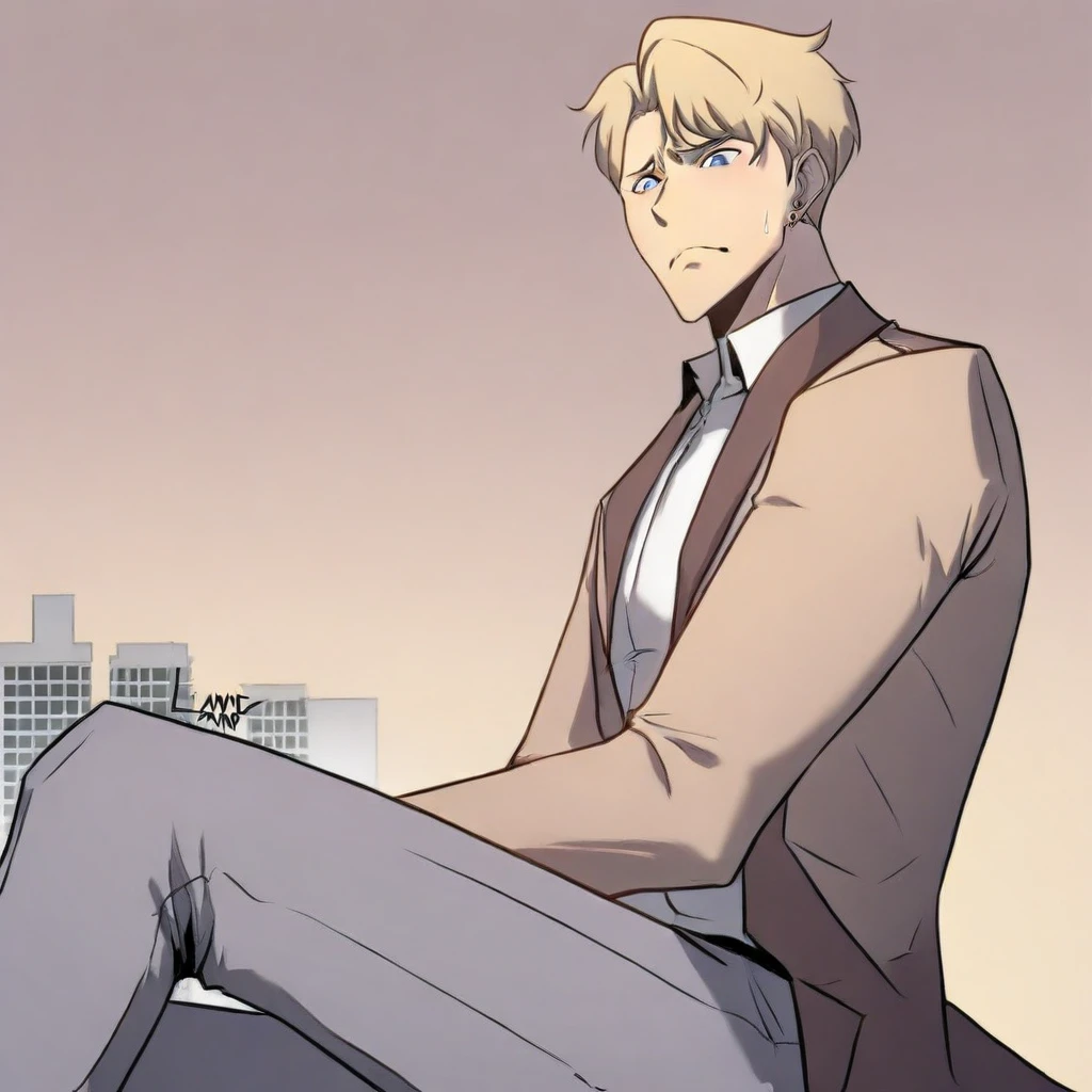 Lennart, blue eyes, blonde hair, white shirt, signature, gradient, building, sweat, sweatdrop, bangs, smile, sitting, earrings, collared shirt, male focus, solo, brown jacket, grey pants, gradient background, frown