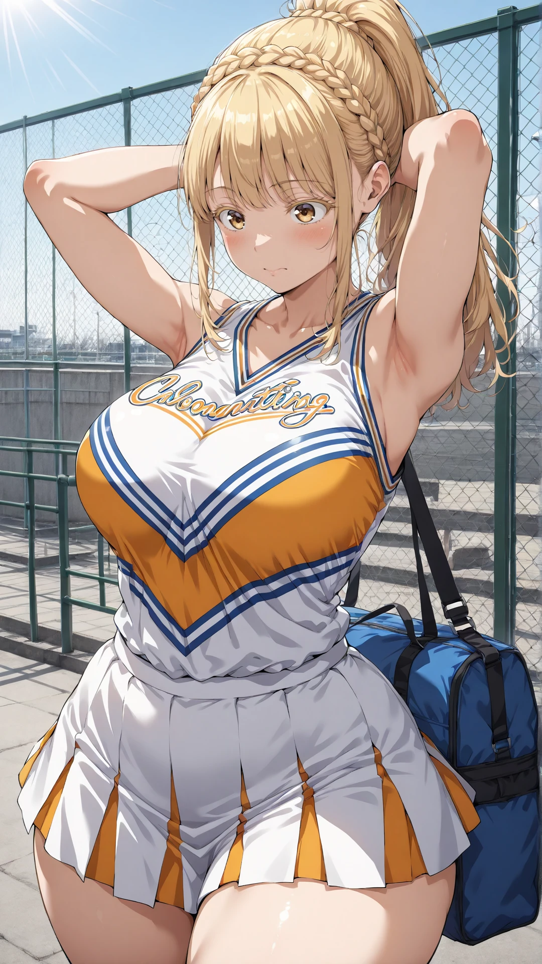 Masterpiece ,best quality , high resolution , (1 girl solo:1.38) , (camie, long hair, brown hair, brown eyes, peaked cap , lipstick , eyeliner) , (cleavage:1.2) , (medium breast:1.28) , (wear baseball hat , belly , navel , white sailor , bow , knot , stockings , panties , strong wind , big wing , skirt lift ) , (cleavage:1.15) , (big breast:1.1) , (face view , look at view ) , (cheerleader , cheering , holding pom pom , skirt , head tilt , jumping) , (outdoor , gym，Playing field，Cheerleading ，Strong winds，gale，ribbons flying，victory)