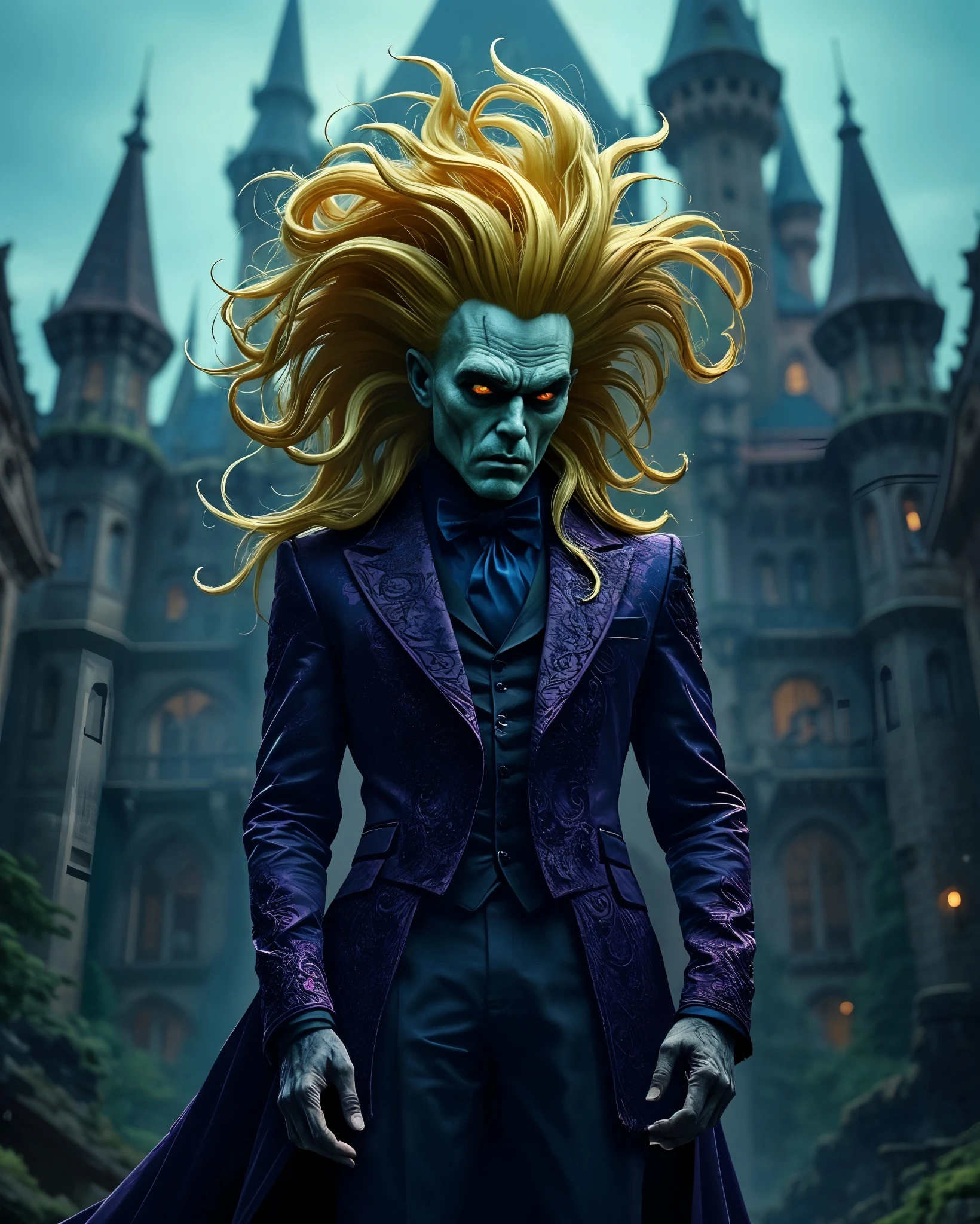 A sinister-looking figure with pale blue skin and striking orange eyes stands in front of an ominous castle. He has long, flowing golden hair and wears an ornate purple coat with intricate patterns, paired with a black vest and bow tie. His hands are clawed, adding to his eerie appearance, while the dark, misty background accentuates the gothic ambiance of the scene.