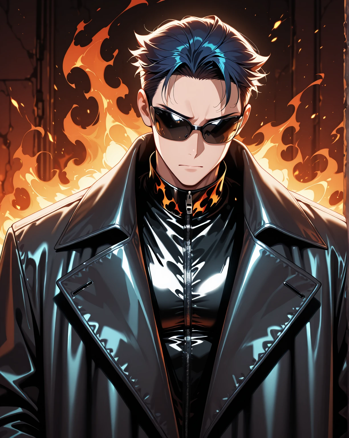 <lora:Opium clothing IL_epoch_10:1> wearing Opium clothing, long coat, fire in background,  gloves, sunglasses, portrait, torn clothes, ,