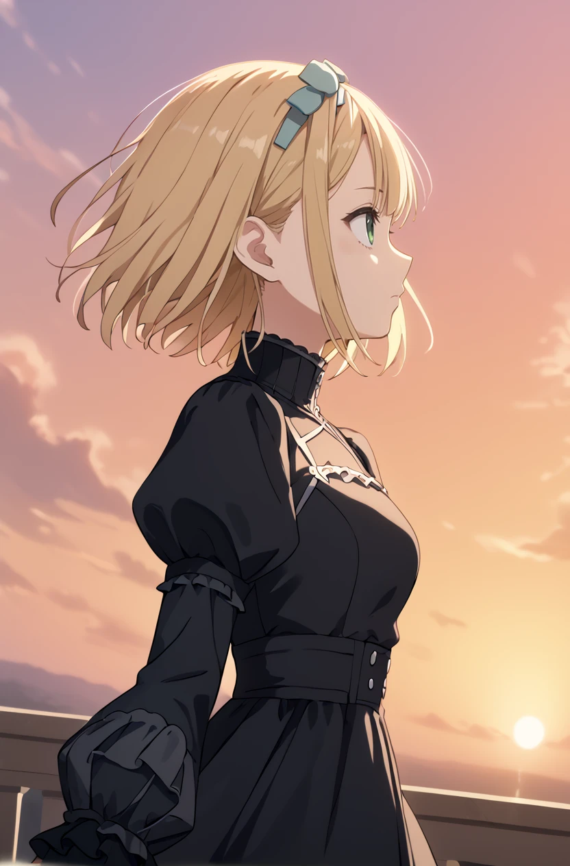 score_9, score_8_up, score_7_up, masterpiece, best quality, amazing quality, very aesthetic, newest, absurdres, highres,
1girl, solo,
 <lora:SaitoNicolePonyV1:1> saitonicole, blonde hair, short hair, asymmetrical bangs, green eyes, bow hairband,
sky, sunset, floating hair, profile, looking ahead, upper body, dutch angle, black dress, long sleeves, sleeves past wrists, puffy sleeves, bodice, high collar, jewelry, hair ornament,
<lora:modern_anime_screencap_v1_0:0.8> anime screencap, anime screenshot,